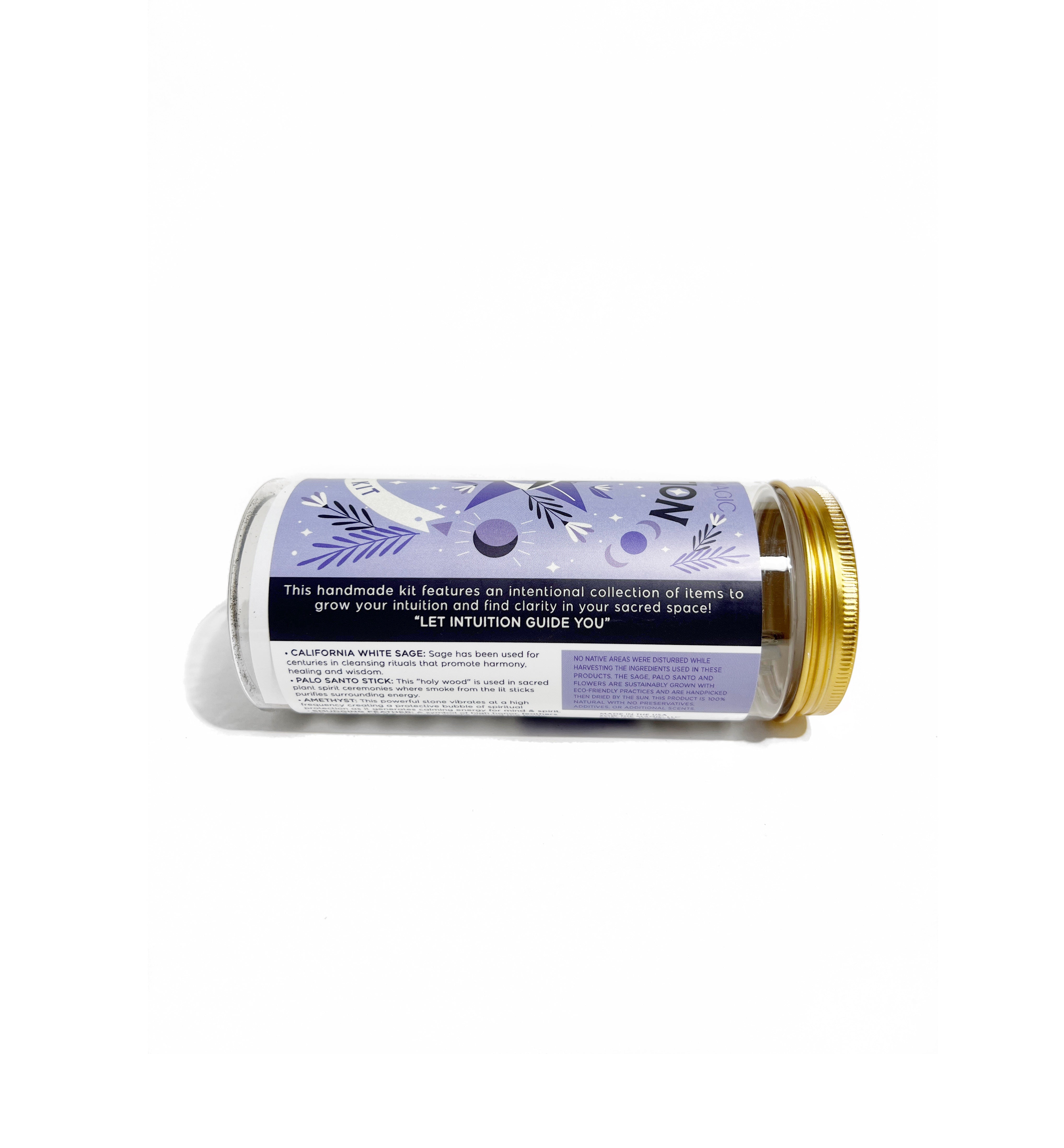 Back label of Intuition Ritual Kit showing handmade eco-friendly ritual description and ingredients