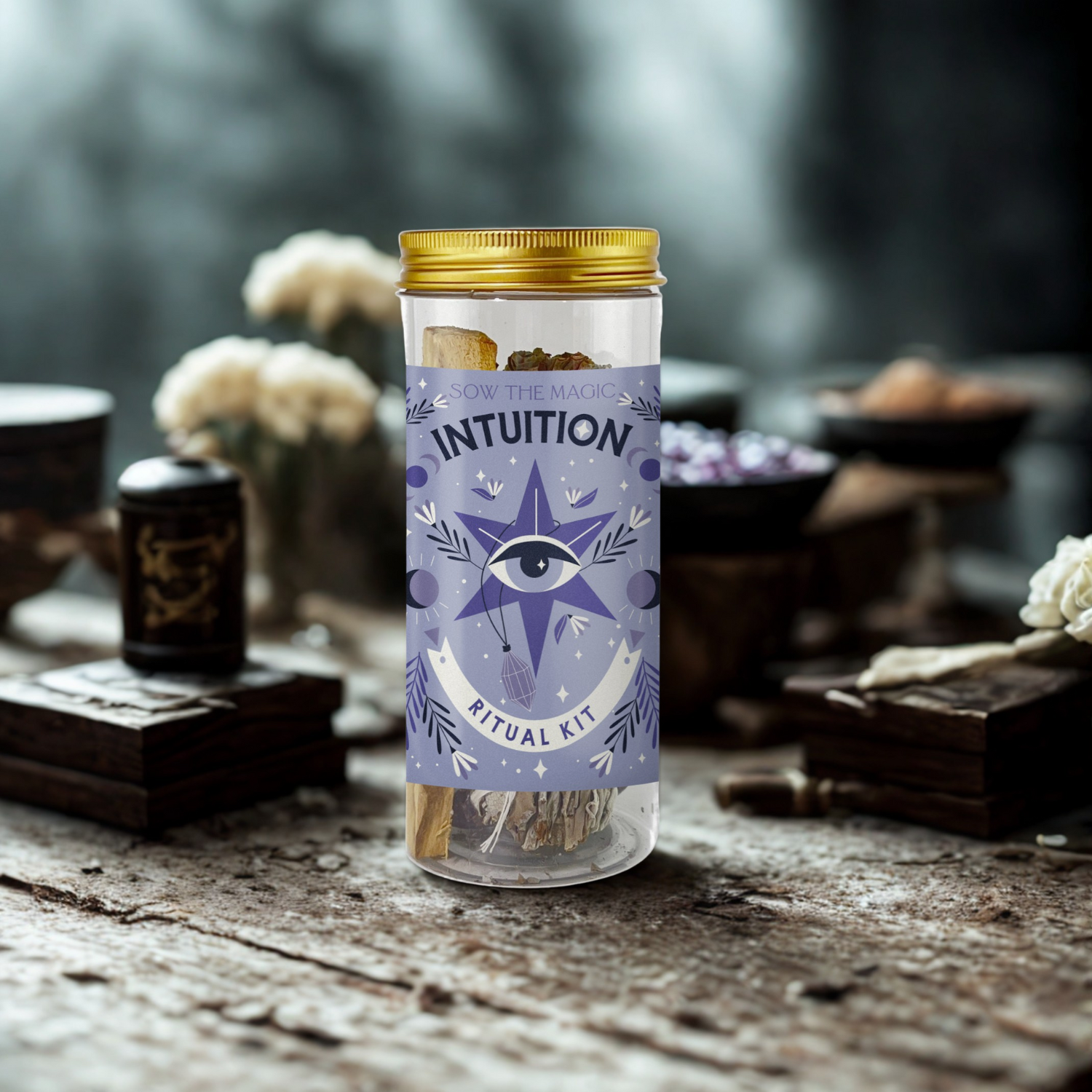 Intuition Ritual Kit displayed on wooden altar table surrounded by candles for calm energy and reflection