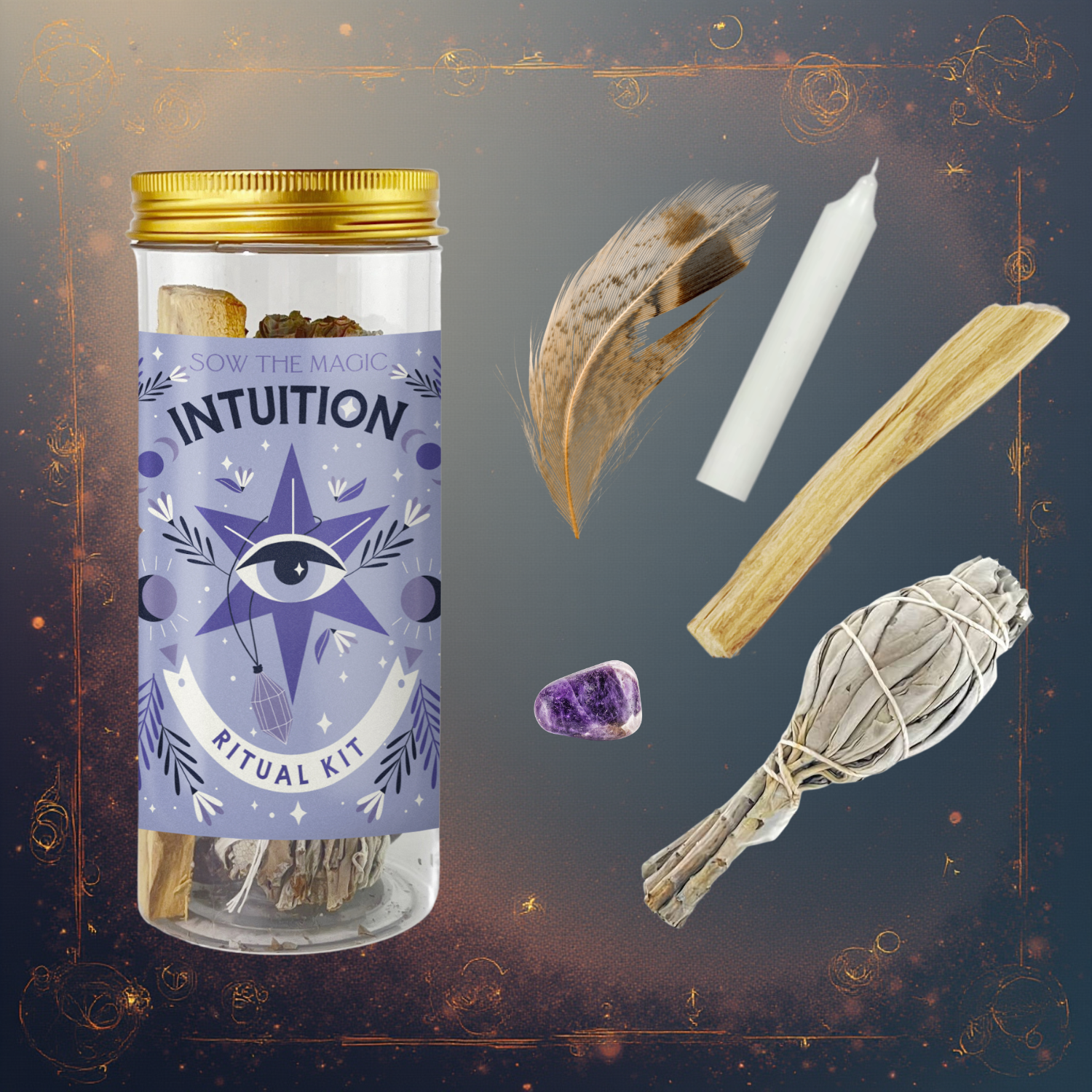 Intuition Ritual Kit with Amethyst crystal, Sage, Palo Santo and candle arranged for meditation and balance