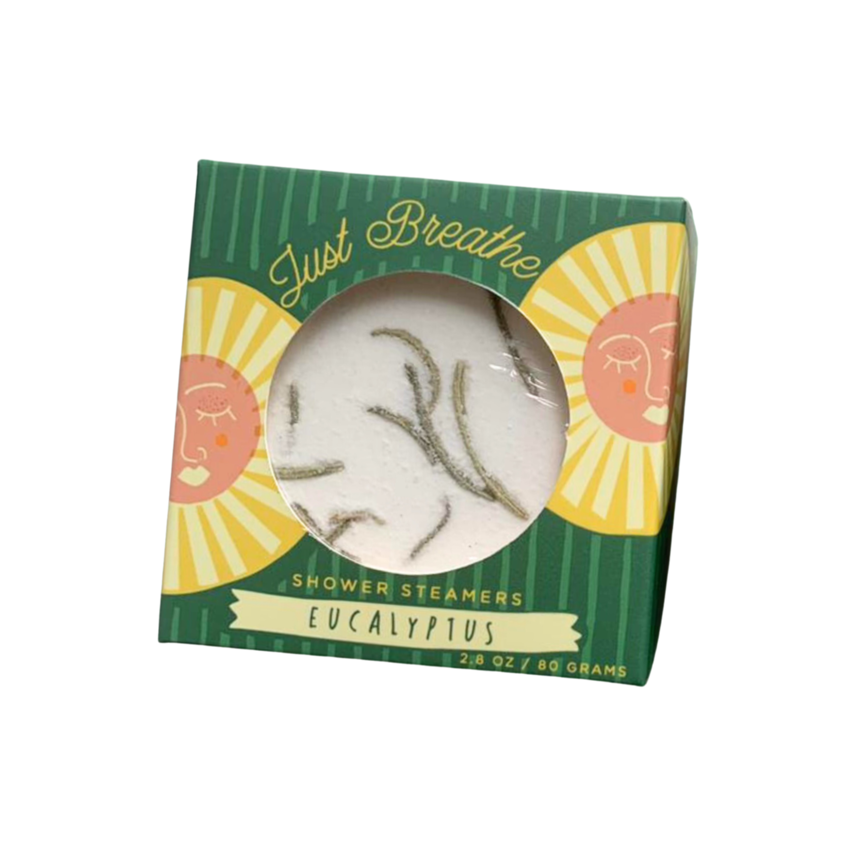 Just Breathe eucalyptus shower steamer duo in green sun-themed box labeled 2.8 oz by Sow the Magic