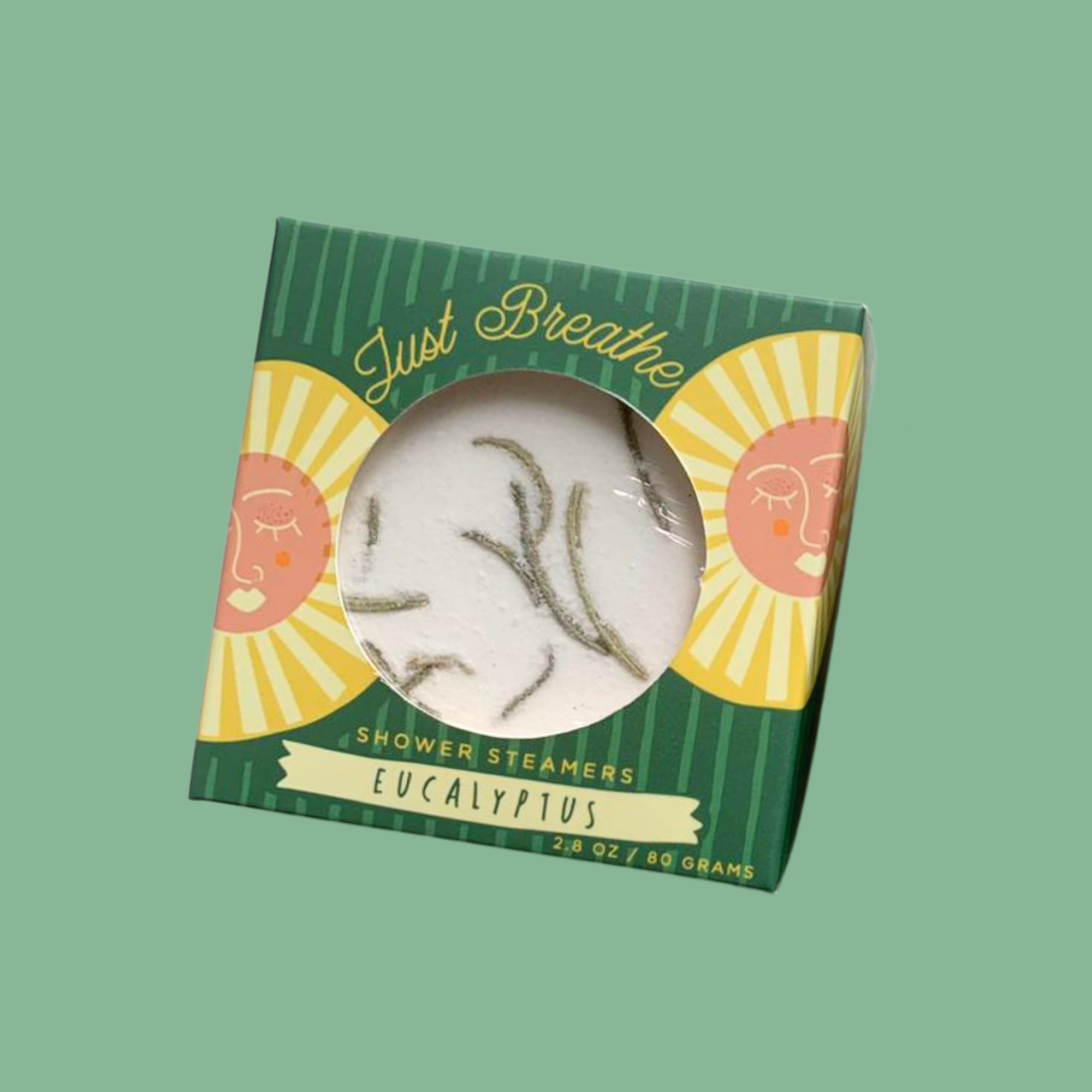 Just Breathe eucalyptus shower steamer duo in green sunburst packaging by Sow the Magic