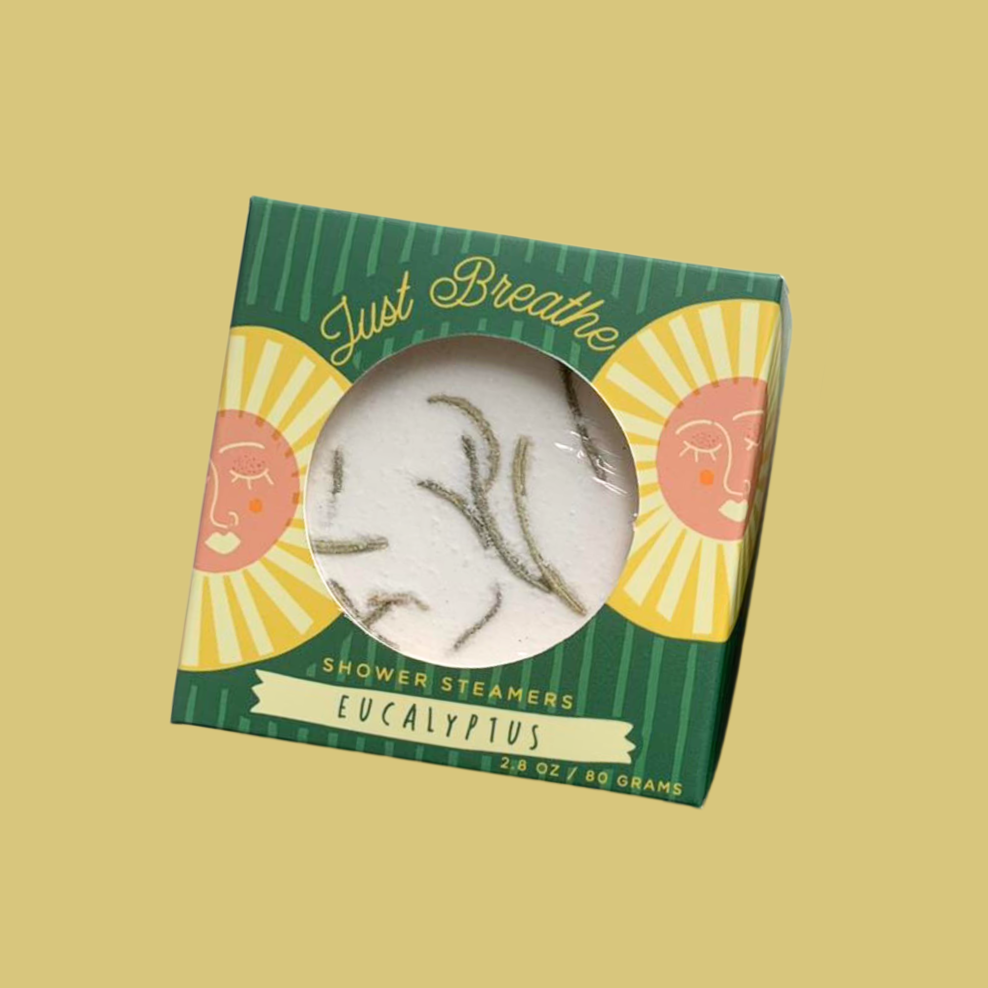 Eucalyptus shower steamer duo in bright green and yellow packaging against yellow background
