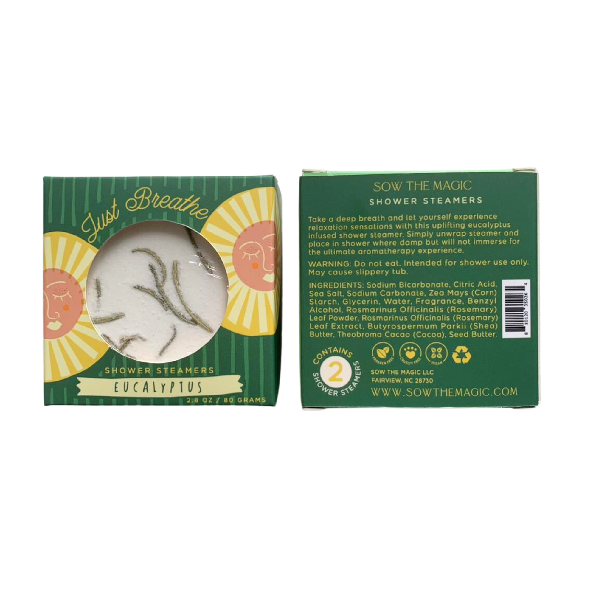 Front and back of Just Breathe eucalyptus shower steamers packaging showing ingredients and directions