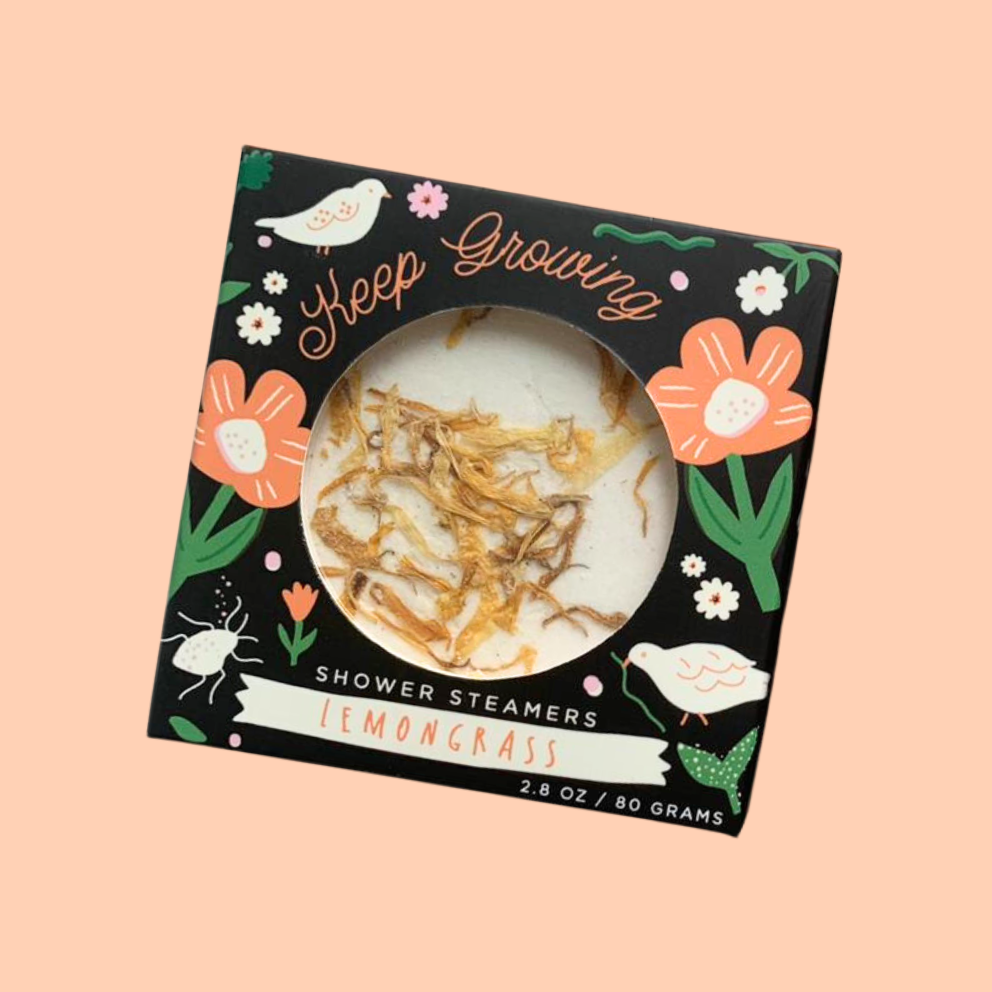 Lemongrass shower steamer duo in Keep Growing floral box with bright peach background