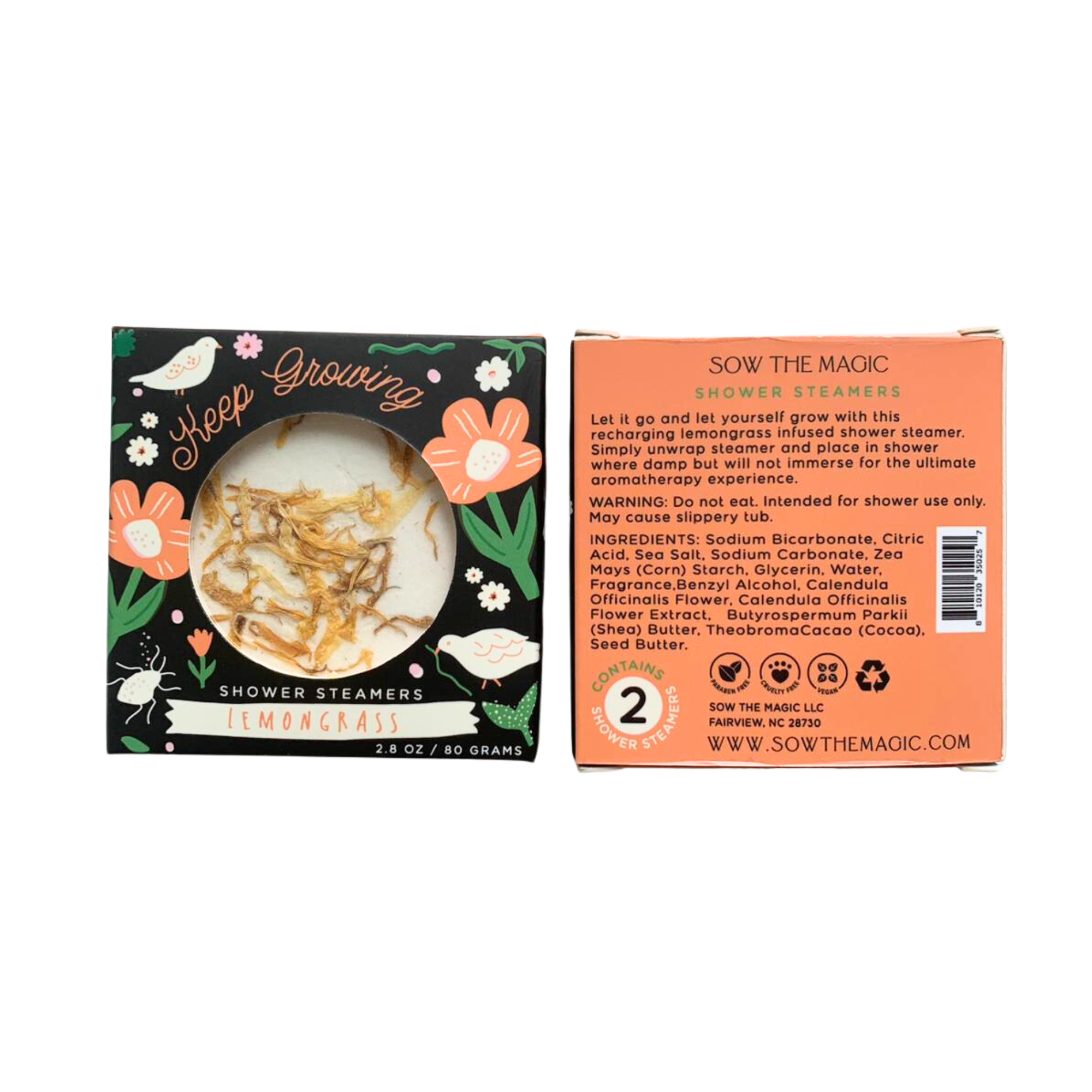 Front and back view of Keep Growing lemongrass shower steamers showing ingredients and directions