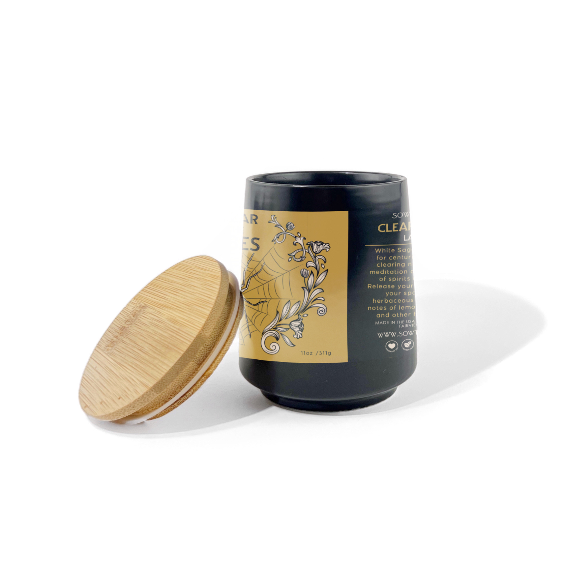 Lavender candle with wooden lid off on white background