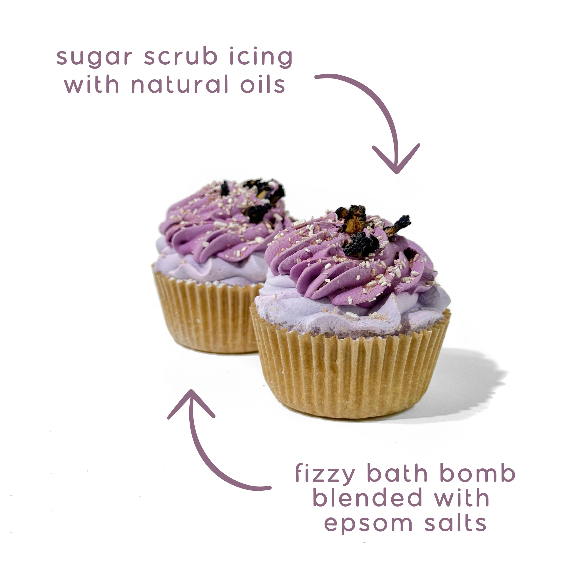 Two Lavender Mint Cupcake Bath Bombs labeled showing sugar scrub icing and fizzy Epsom salt base