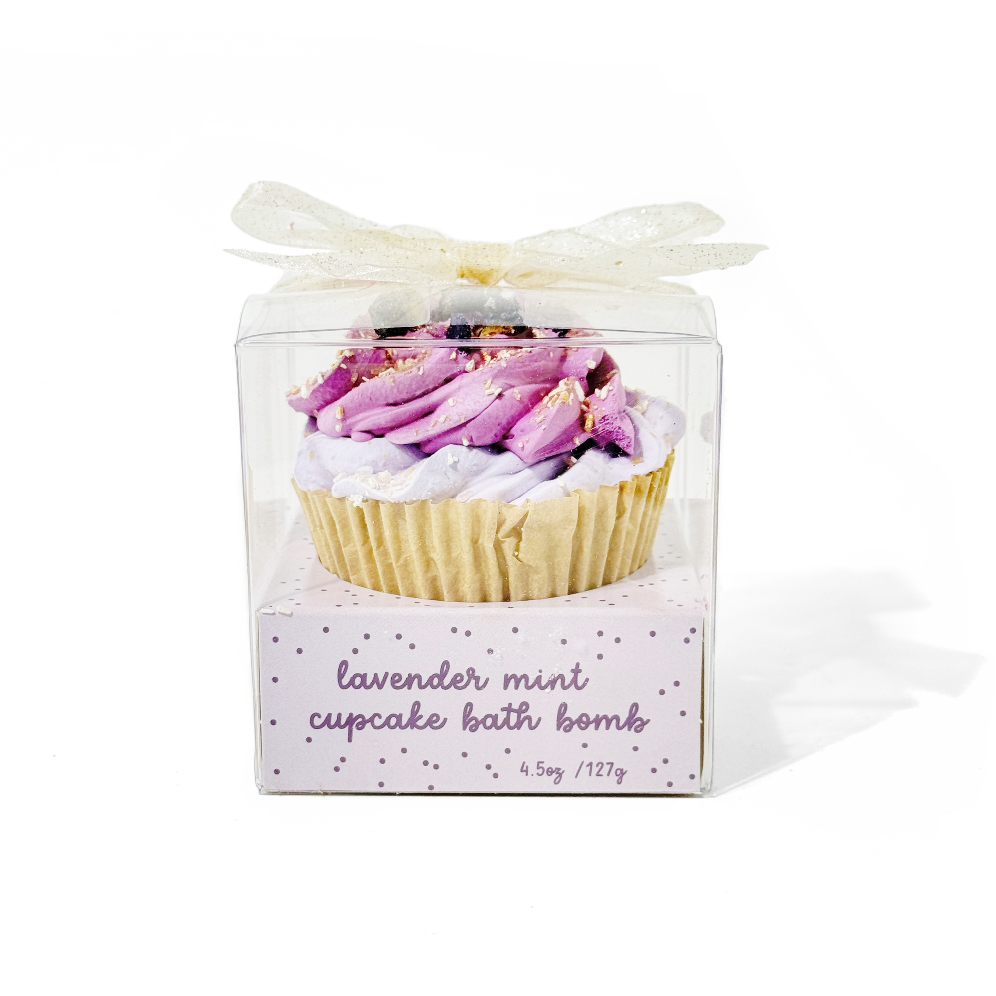 Single Lavender Mint Cupcake Bath Bomb in clear packaging with bow and lavender label
