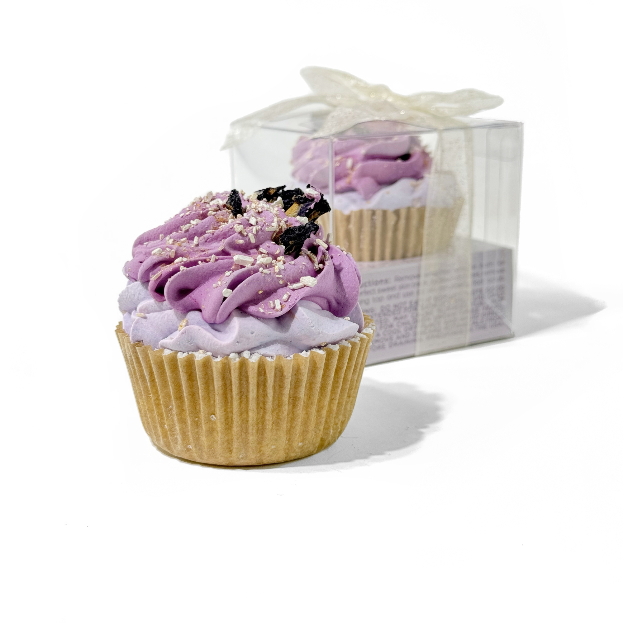 Lavender Mint Cupcake Bath Bomb with frosted top and gift box tied with glitter ribbon
