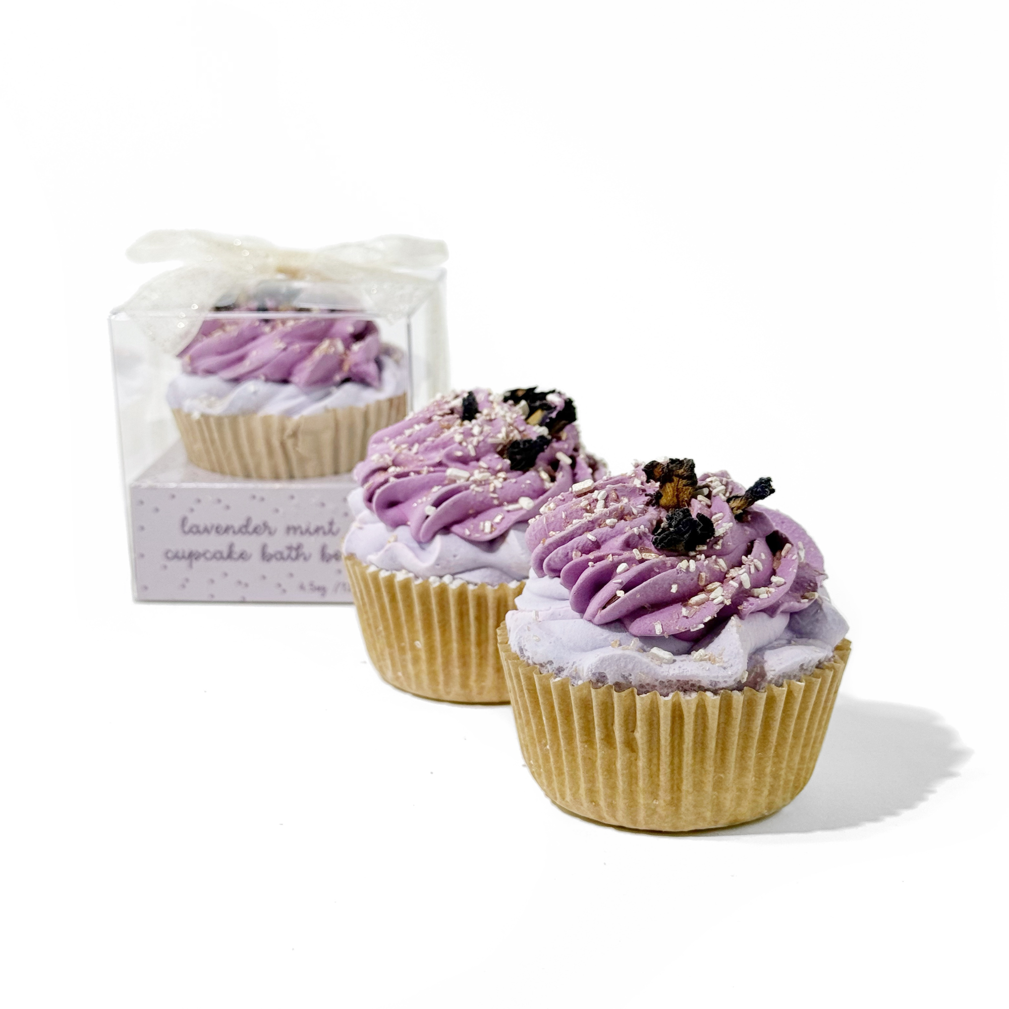 Three Lavender Mint Cupcake Bath Bombs including one in a gift box with glitter ribbon