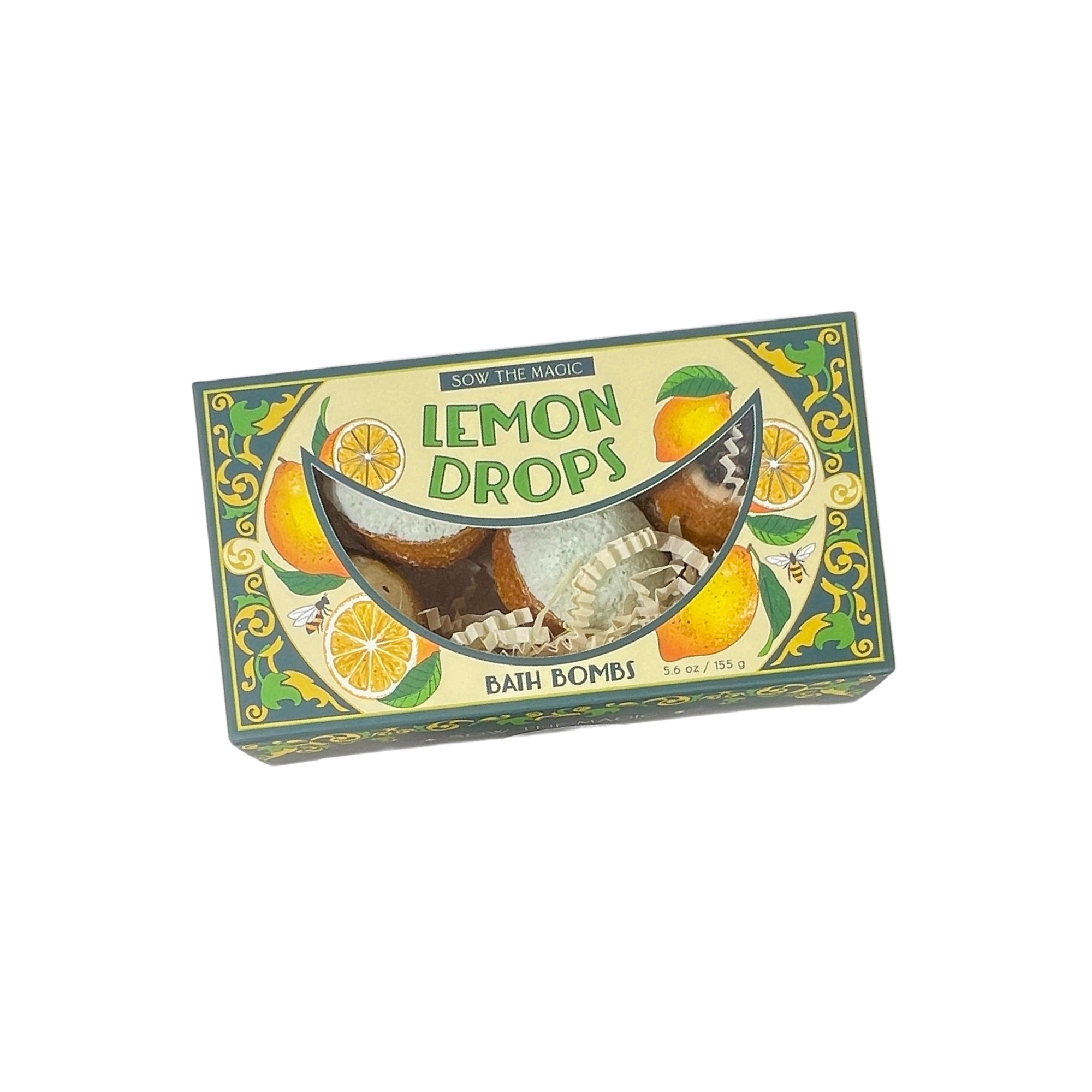 Close-up of Lemon Drop Bath Bomb Gift Set packaging featuring detailed lemon illustrations and botanical accents