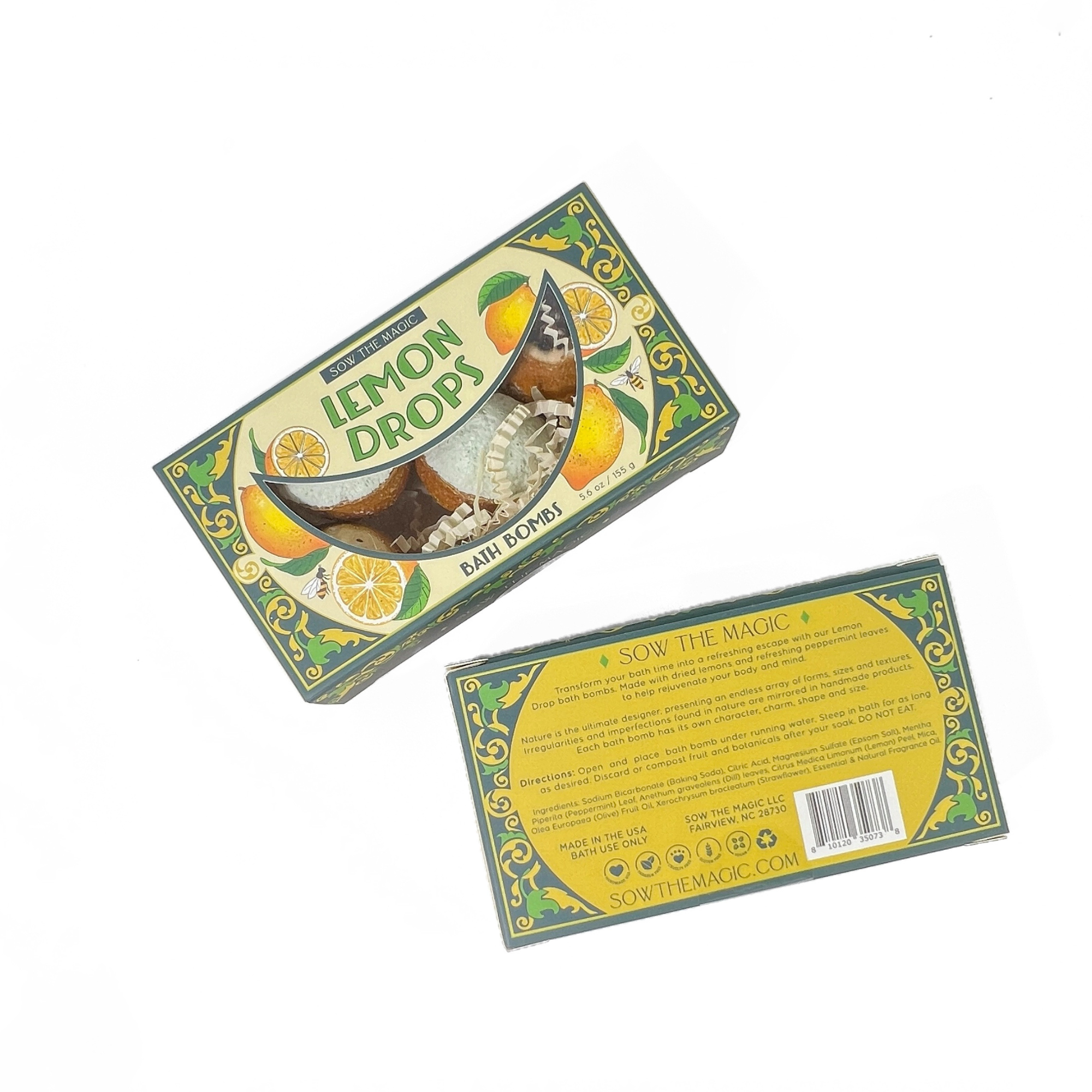 Front and back view of Lemon Drop Bath Bomb Gift Set highlighting product description and ingredients