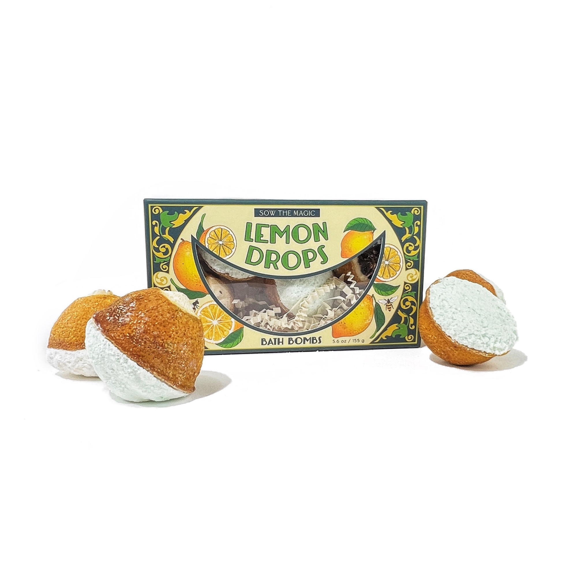 Lemon Drop Bath Bomb Gift Set displayed with natural lemon halves and botanical bath bombs