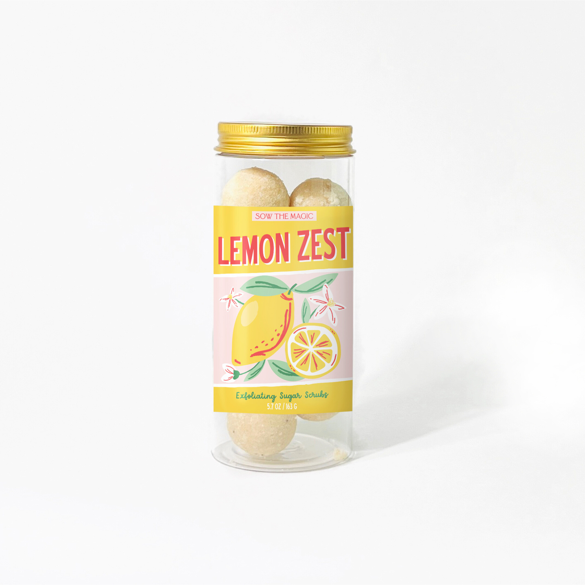 Lemon Zest exfoliating sugar scrub jar with bright citrus packaging