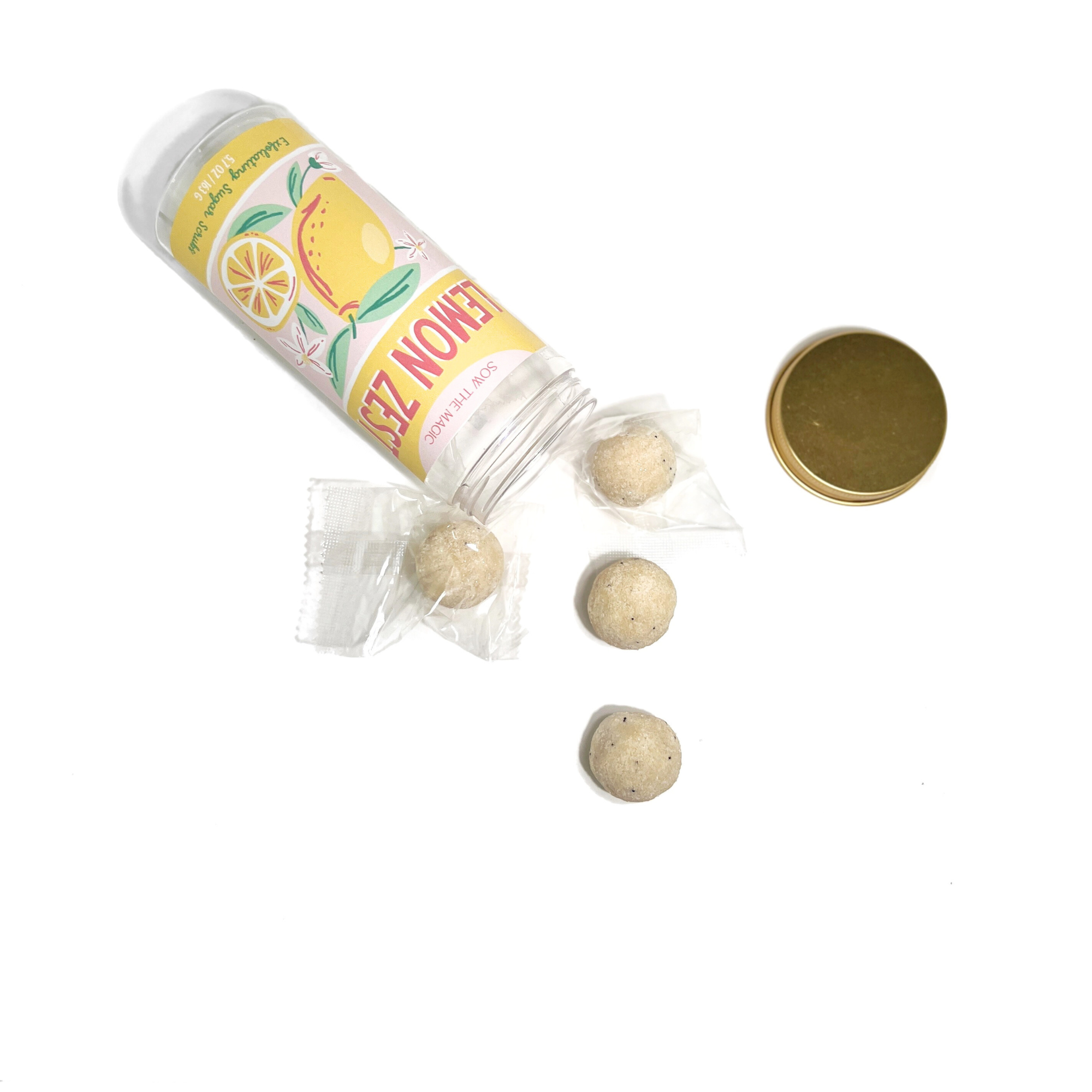 Open jar of Lemon Zest exfoliating sugar scrubs with natural sugar texture