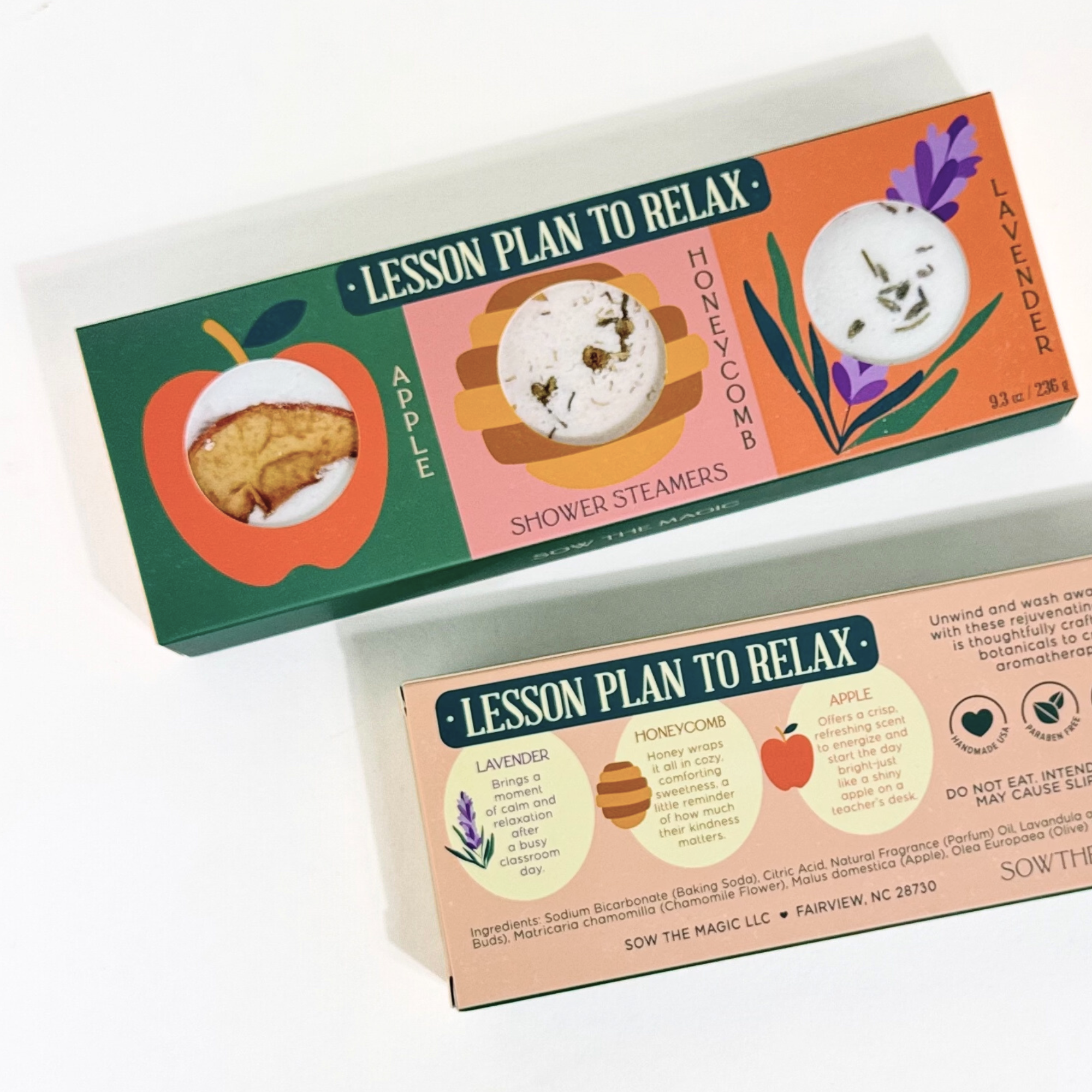 Back of Lesson Plan to Relax Shower Steamers packaging showing scent descriptions and product ingredients