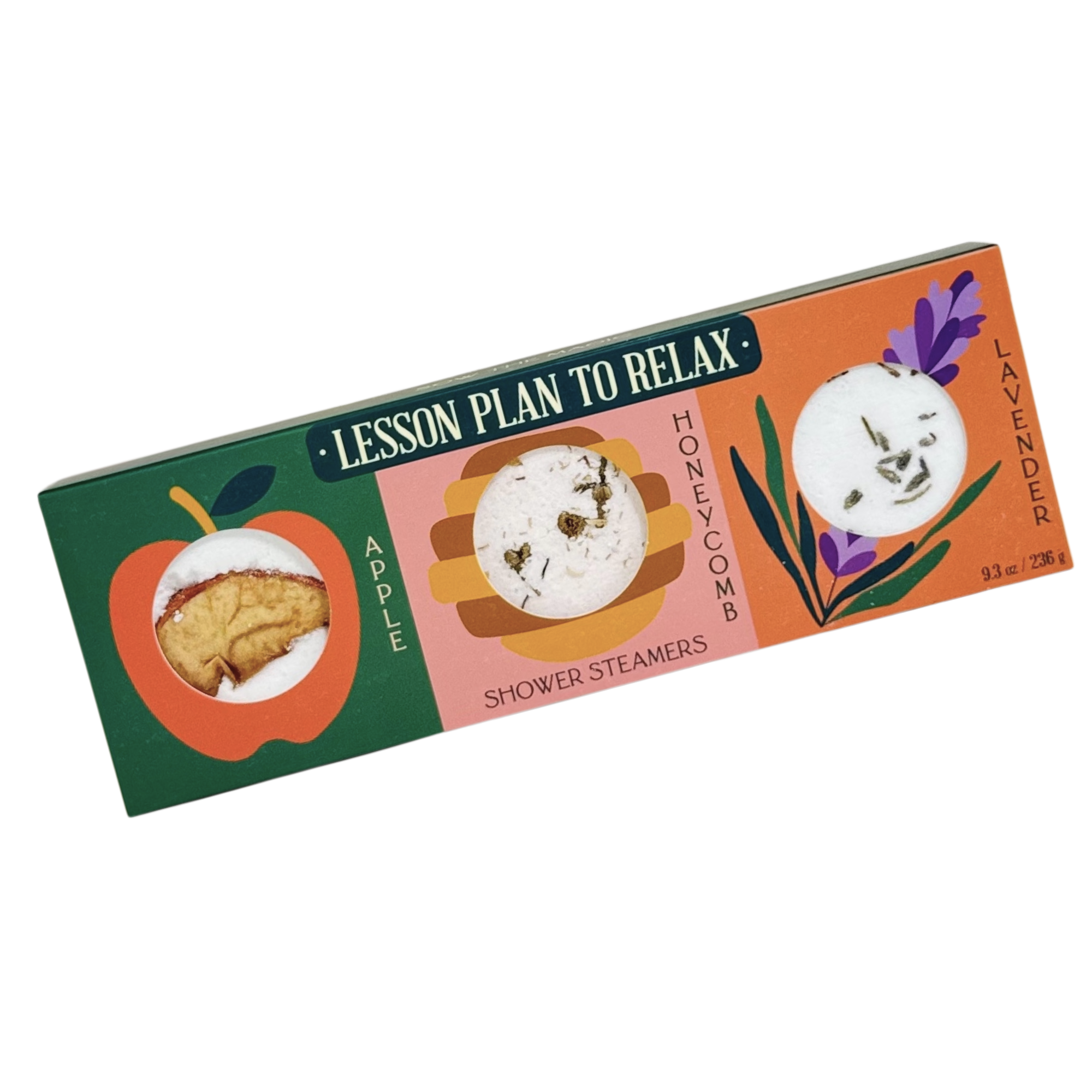 Lesson Plan to Relax Shower Steamers trio box with apple, honeycomb, and lavender design on packaging