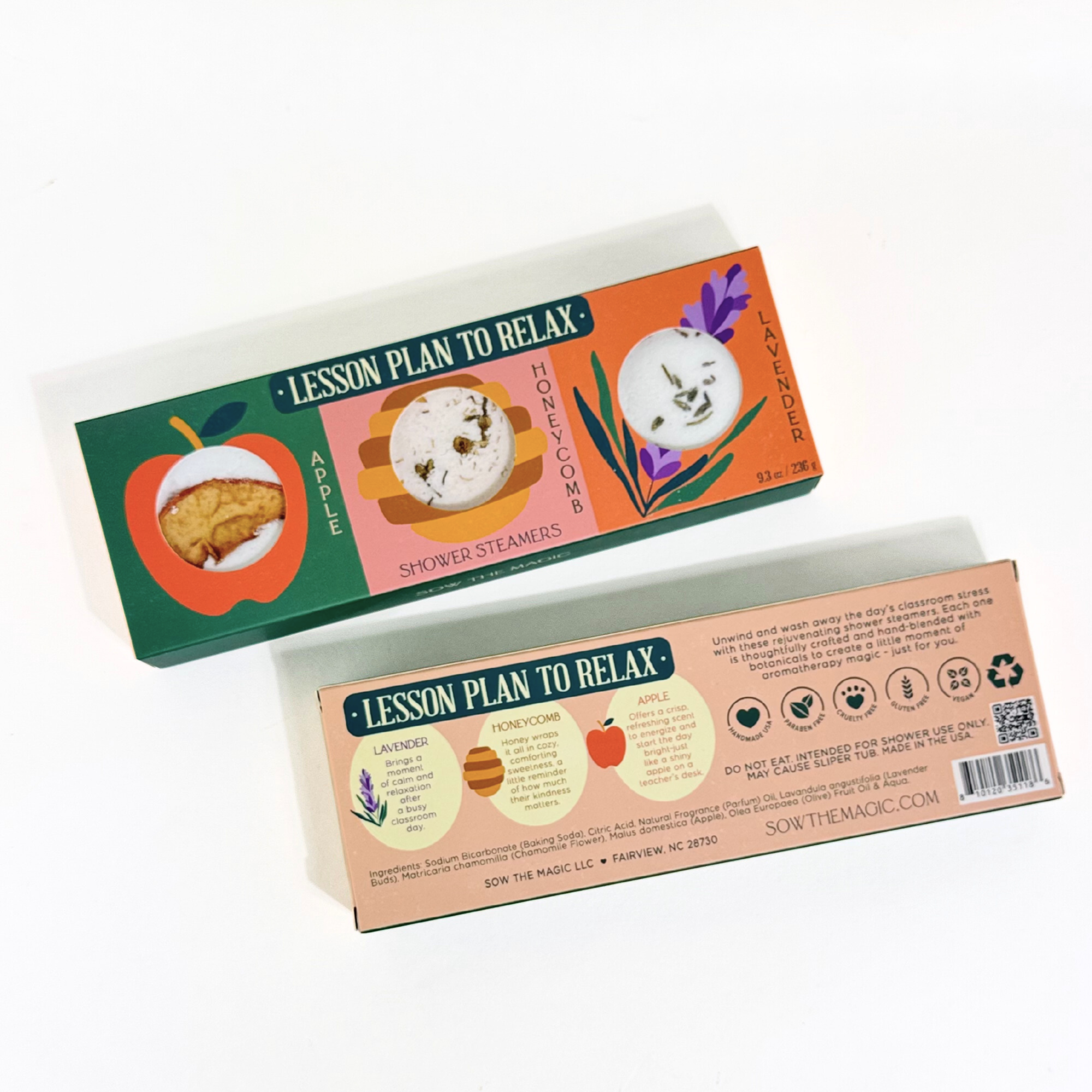 Flatlay of Lesson Plan to Relax Shower Steamers packaging front and back with botanical details and teacher gift theme