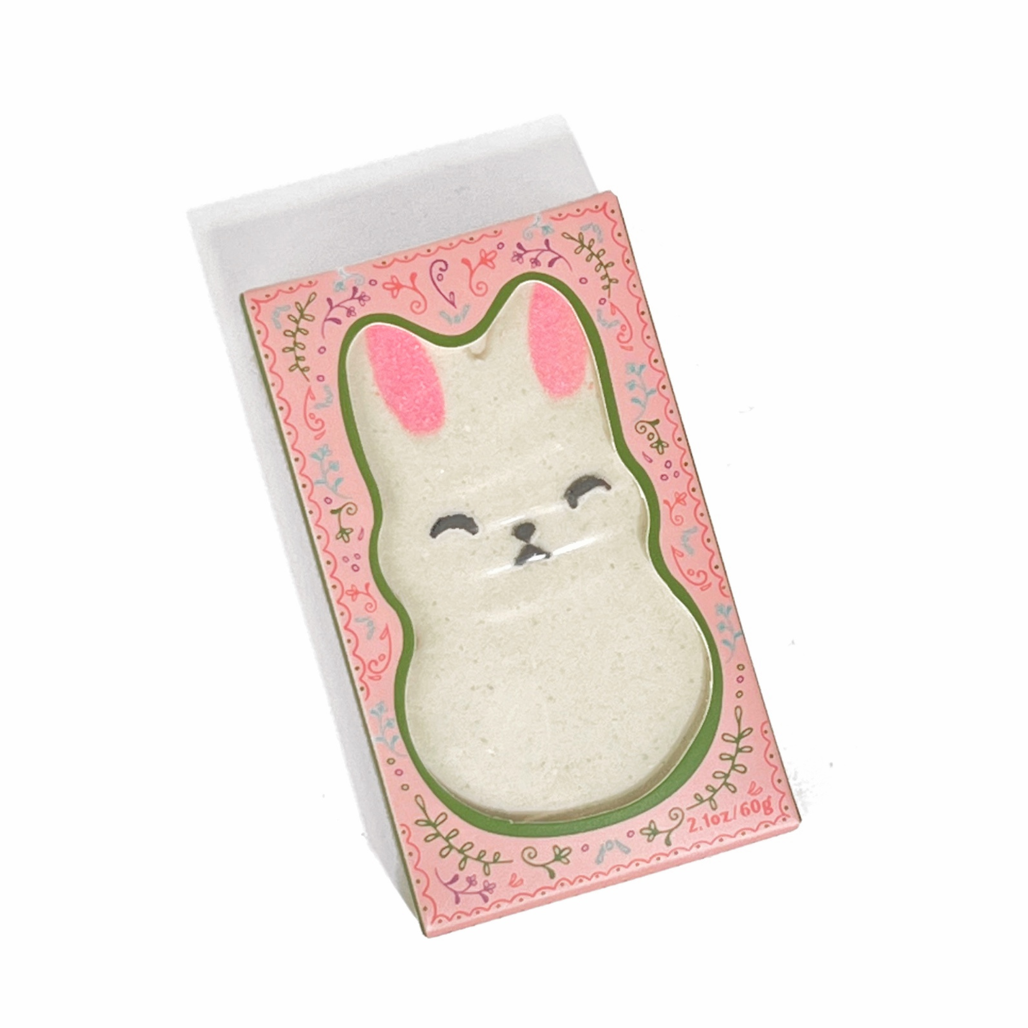 Pink floral bunny bath bomb box with illustrated bunny design on front