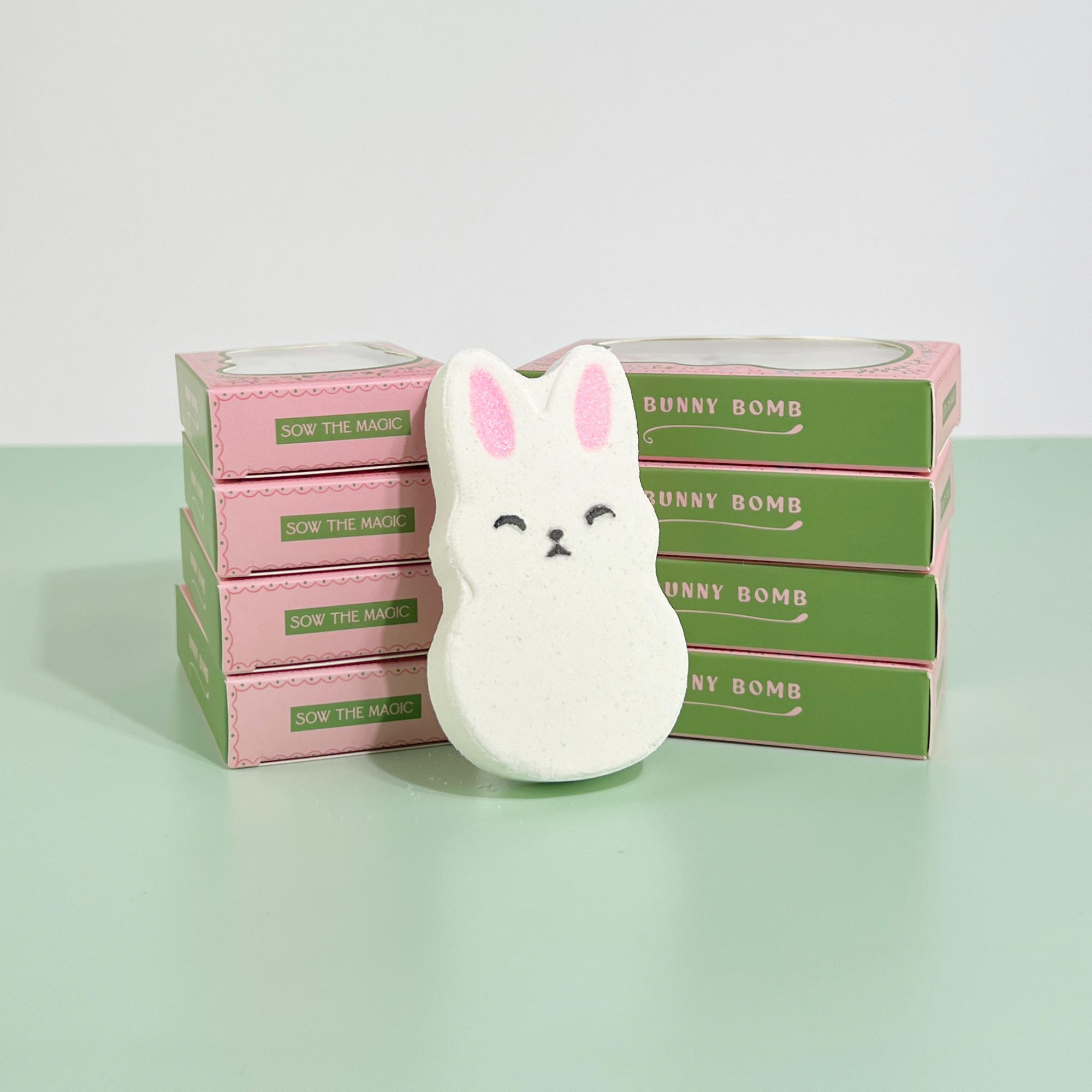 Pink floral bunny bath bomb box with illustrated bunny design on front