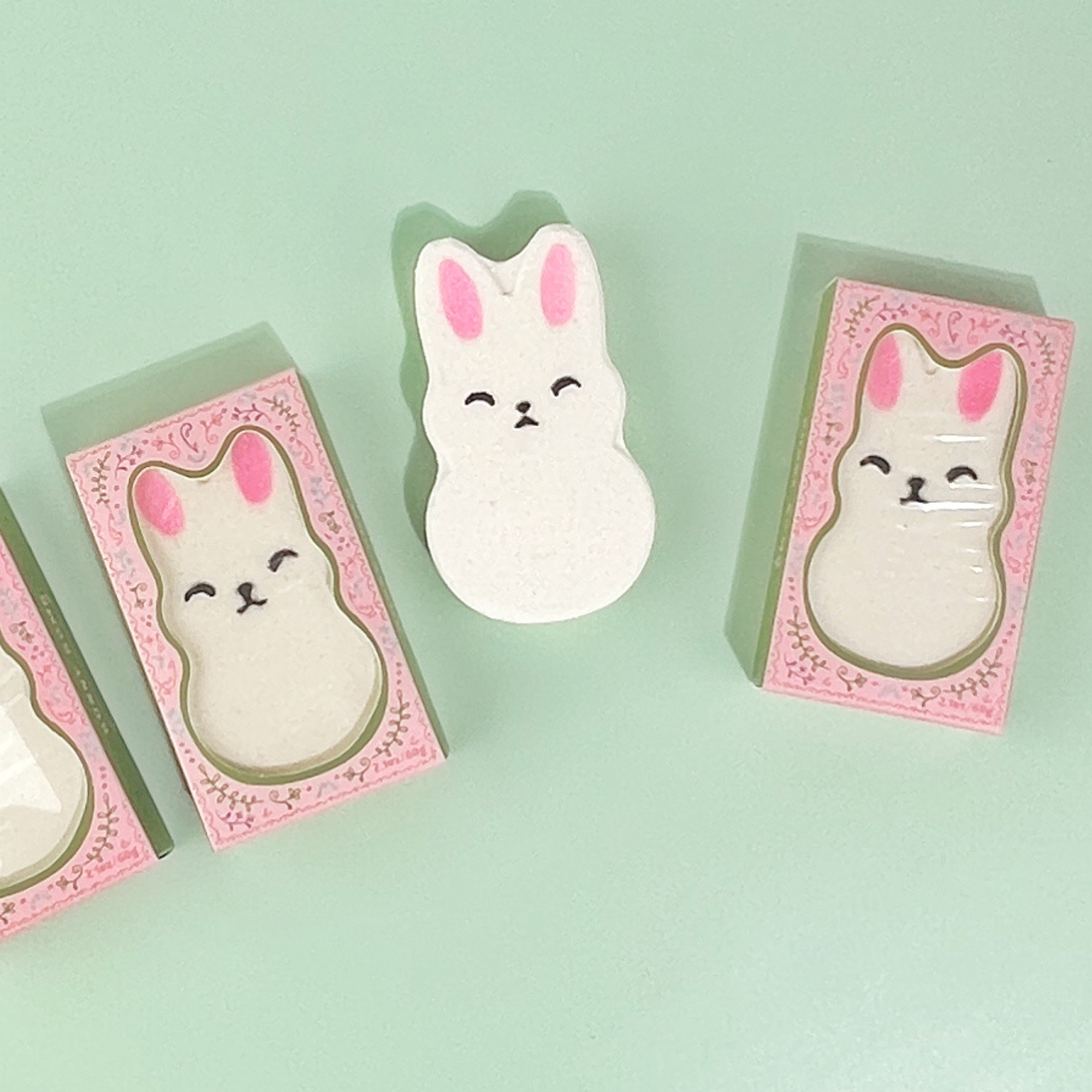 Three Little Bunny Strawberry Bath Bombs with shea butter and pastel boxes