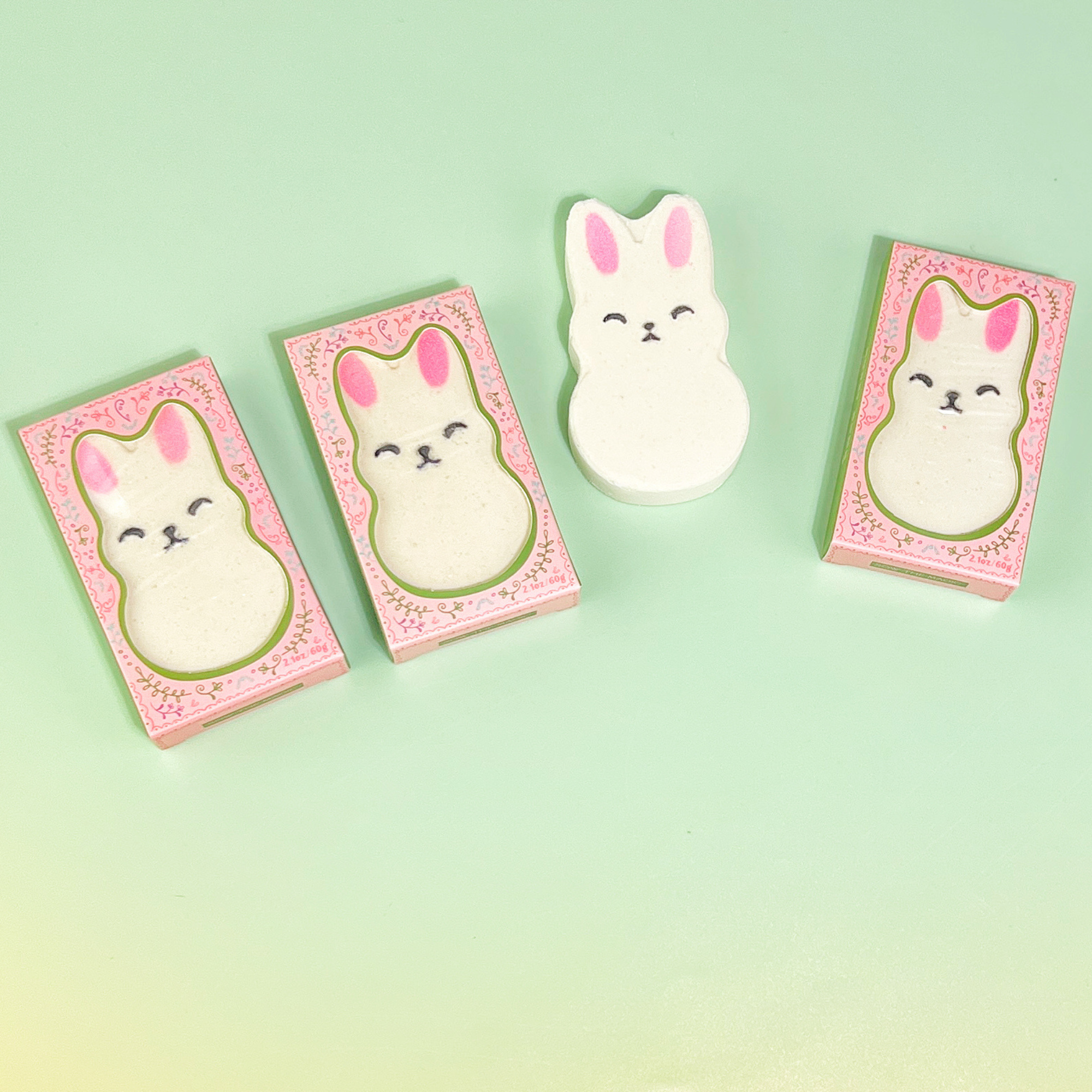 Three Little Bunny Strawberry Bath Bombs with shea butter and pastel boxes