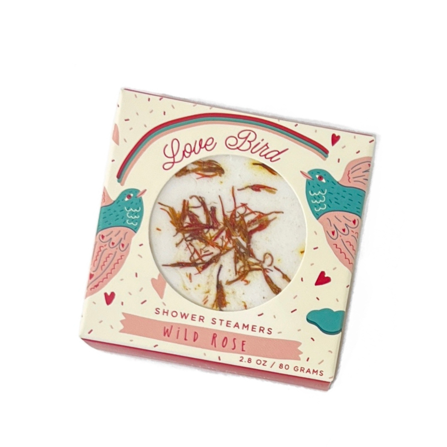 Love Bird wild rose shower steamer duo in pink heart-themed box labeled 2.8 oz by Sow the Magic