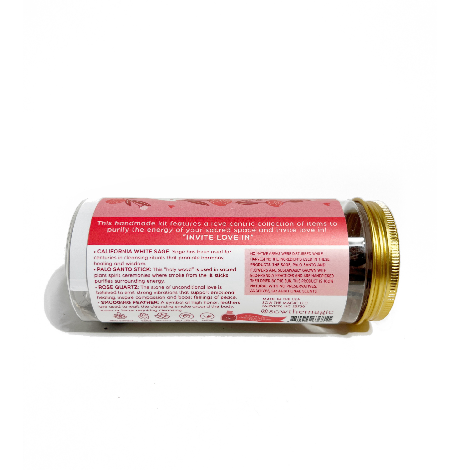 Back view of Love Ritual Kit showing ingredients and eco-friendly handmade details