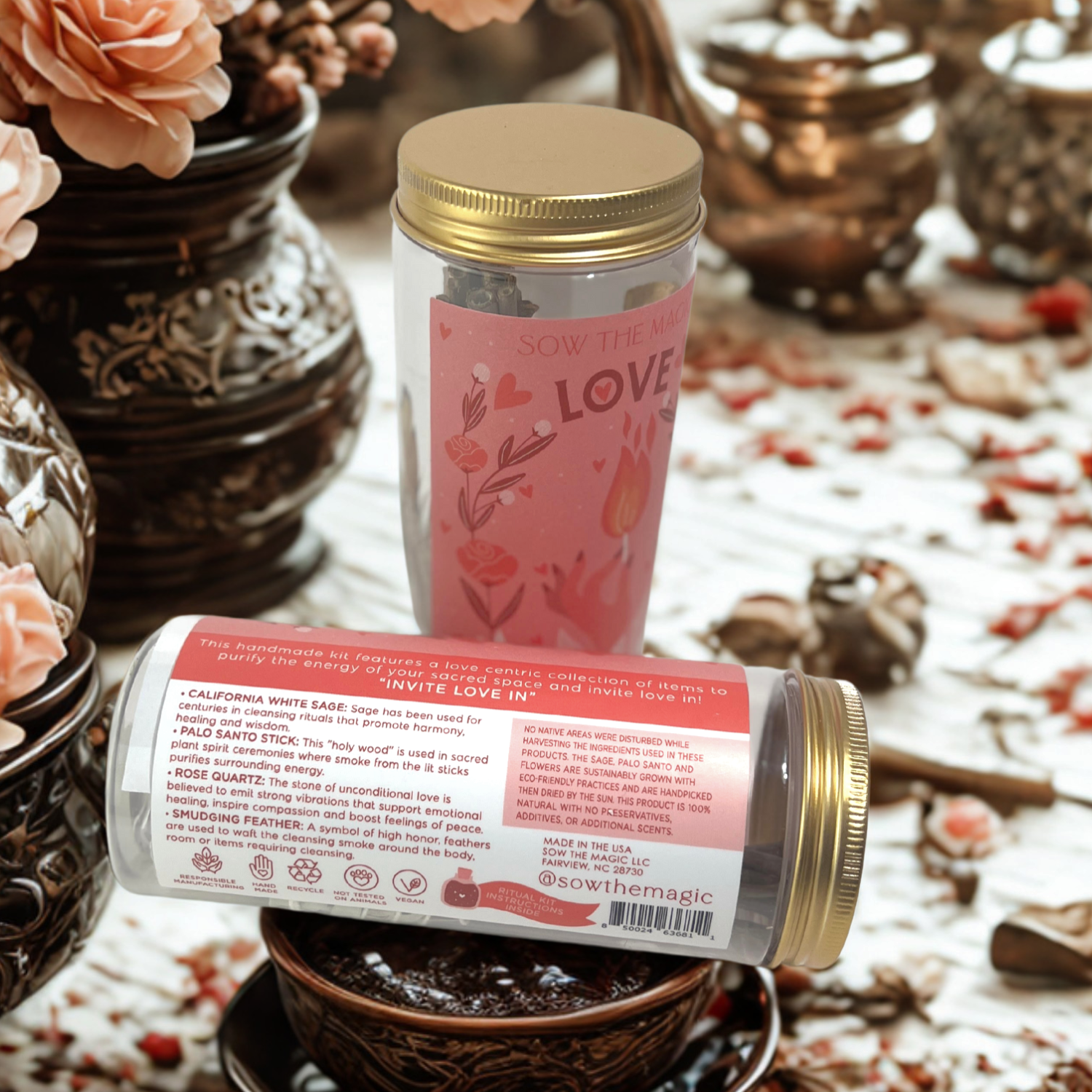 Love Ritual Kit displayed on table surrounded by dried florals for warm ambiance