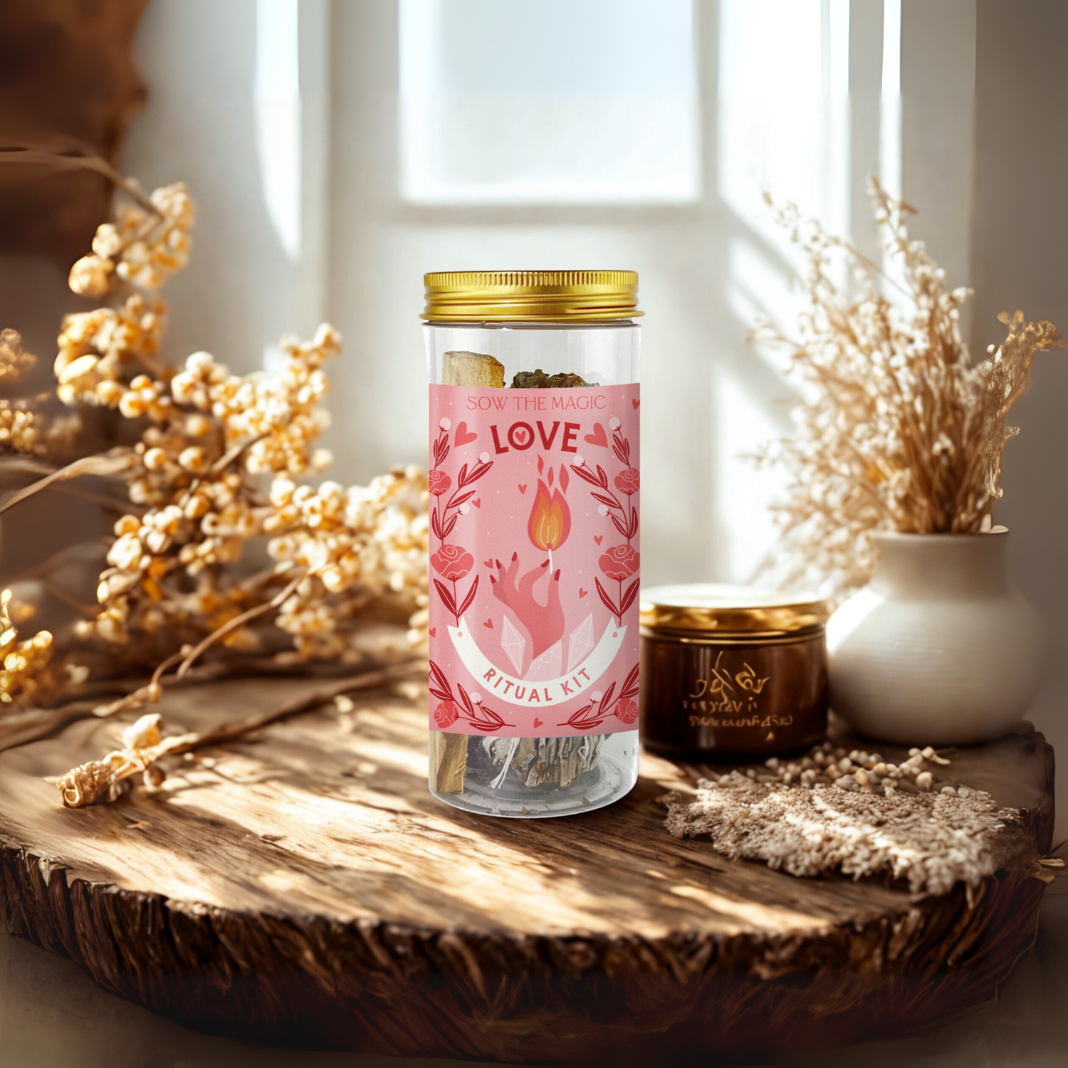 Love Ritual Kit displayed on wooden table by a sunlit window surrounded by dried florals for warm ambiance