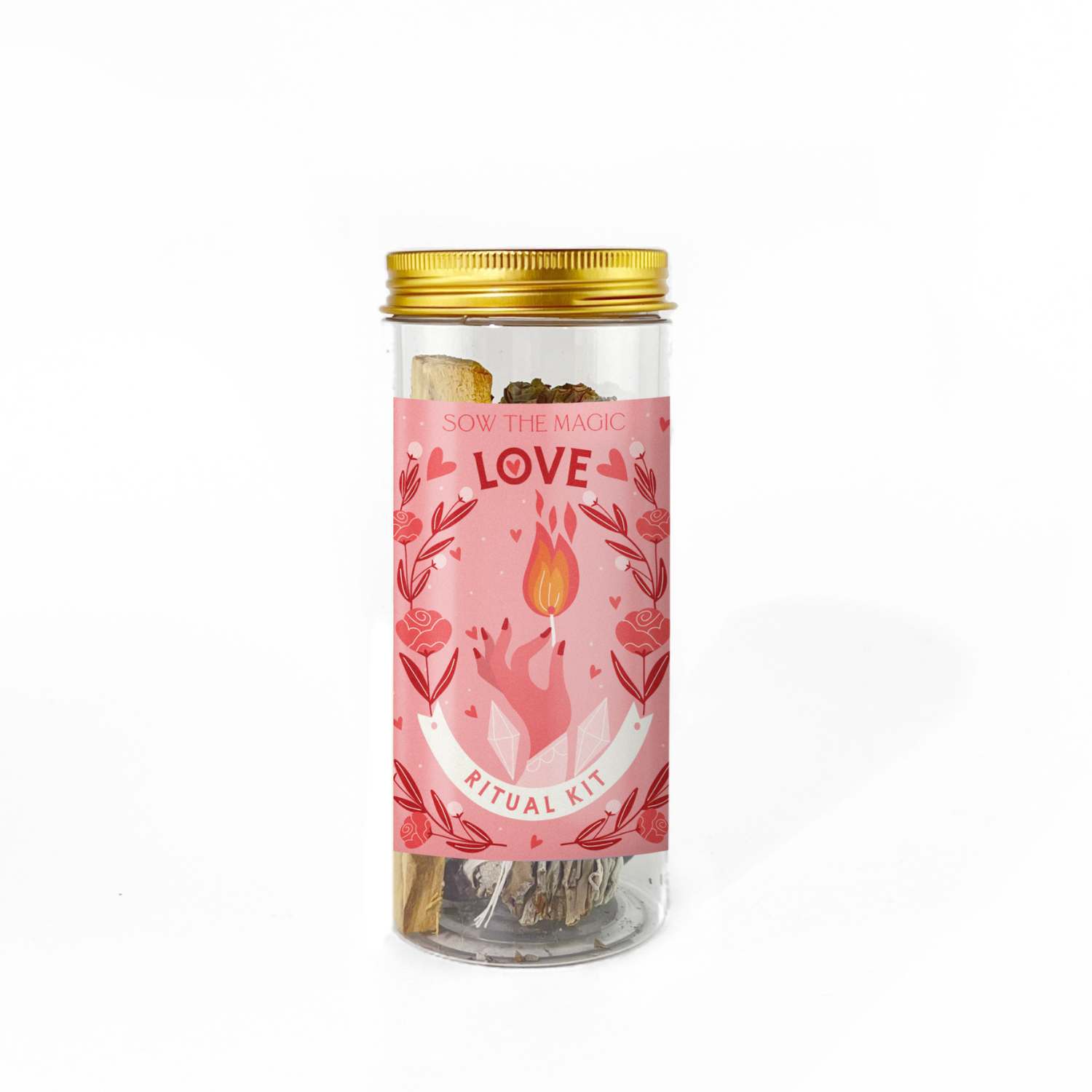 Single Love Ritual Kit jar with candle, Palo Santo and Rose Quartz crystal inside clear packaging