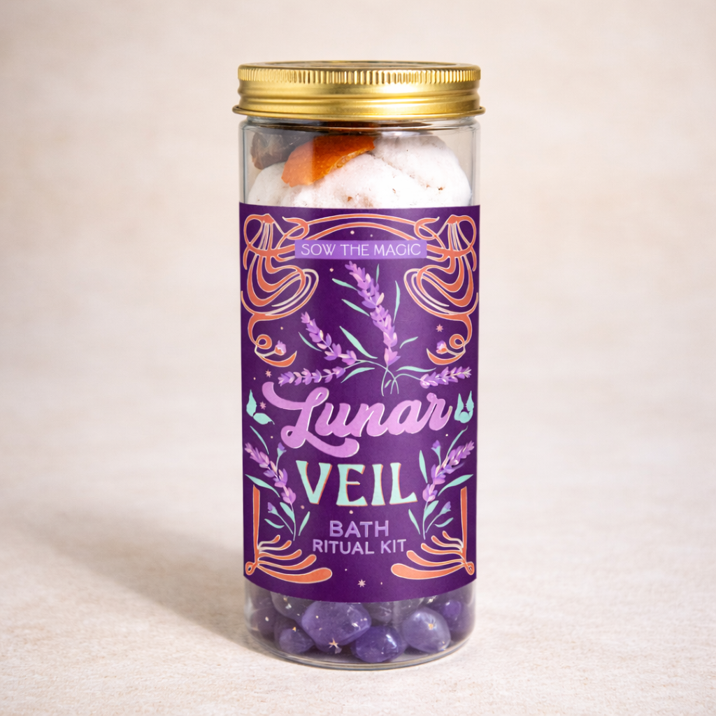 Amethyst crystals, white bath bomb and botanical bath tea from Lunar Veil ritual kit on neutral surface