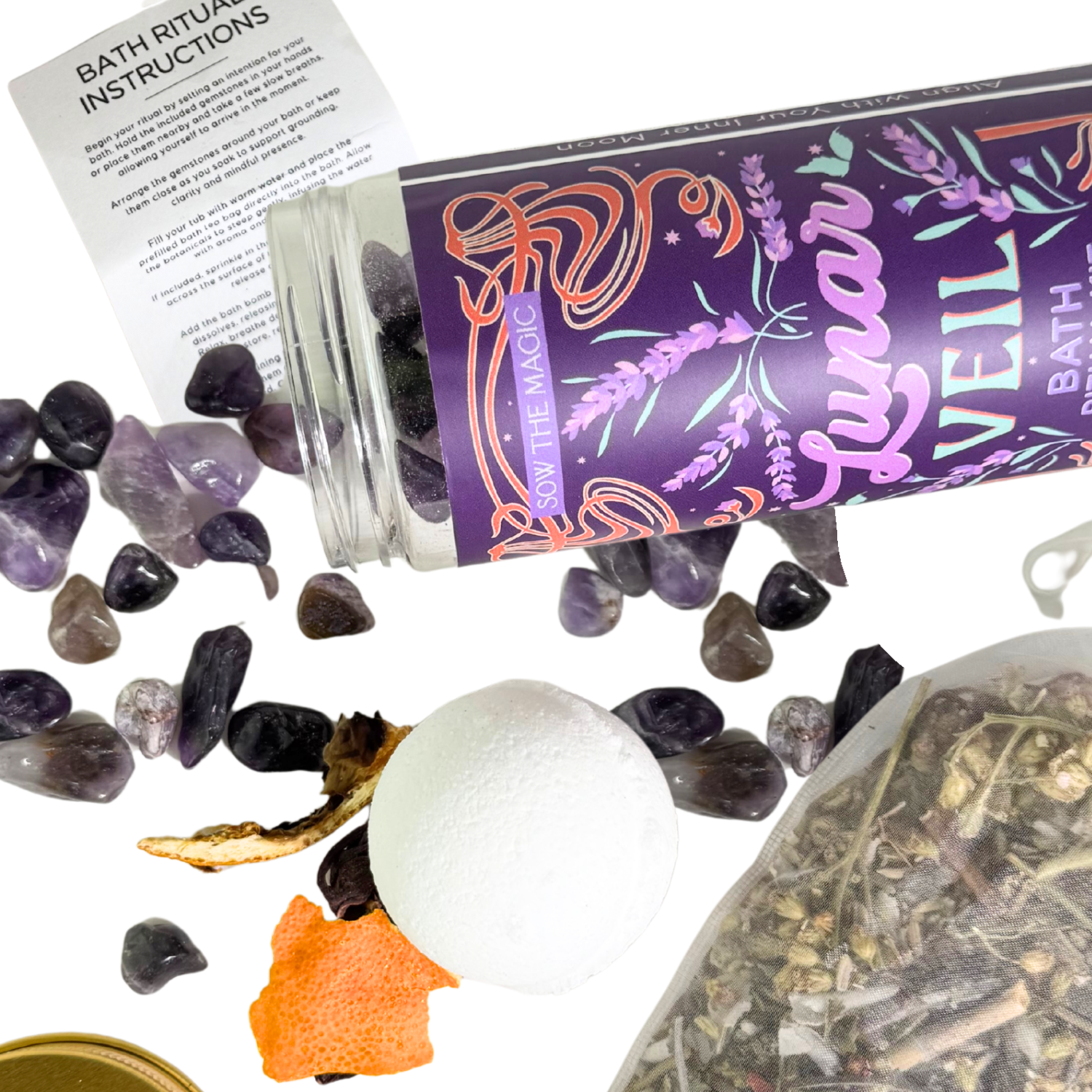 Lunar Veil bath ritual kit with amethyst crystals, bath bomb, botanicals tea bag, and ritual instructions by Sow the Magic
