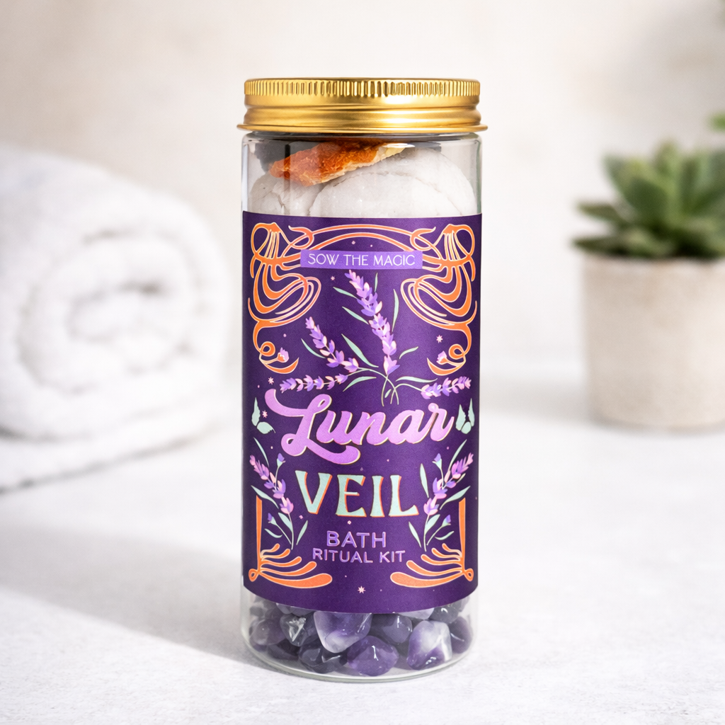Lunar Veil Bath Ritual Kit jar styled on light bathroom counter with soft natural lighting