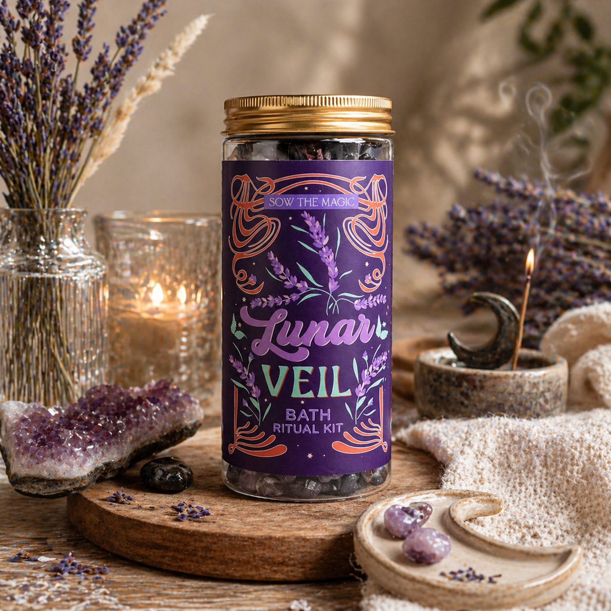 Lunar Veil bath ritual kit in cozy lifestyle setting with lavender, crystals, candle and incense