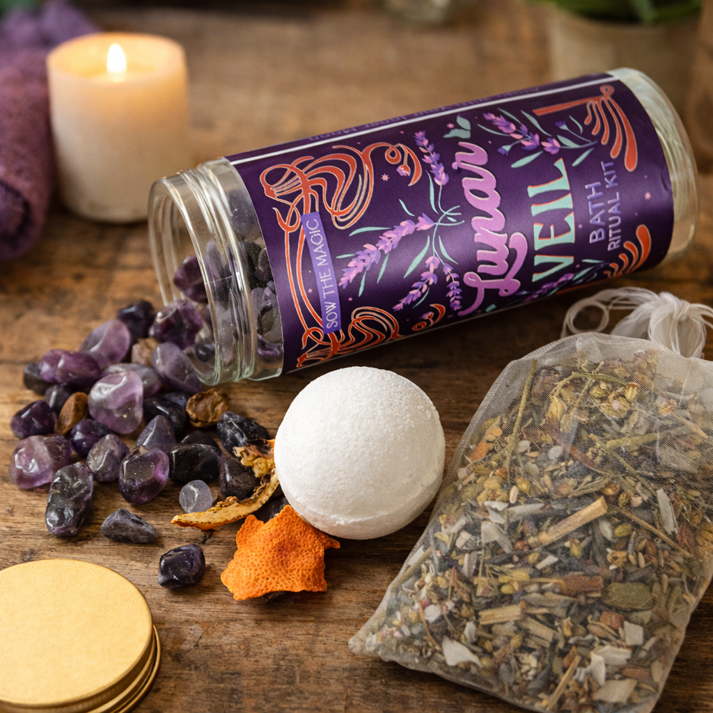 Lunar Veil Bath Ritual Kit styled on wooden table with candle, amethyst crystals, bath bomb and herbal tea bag