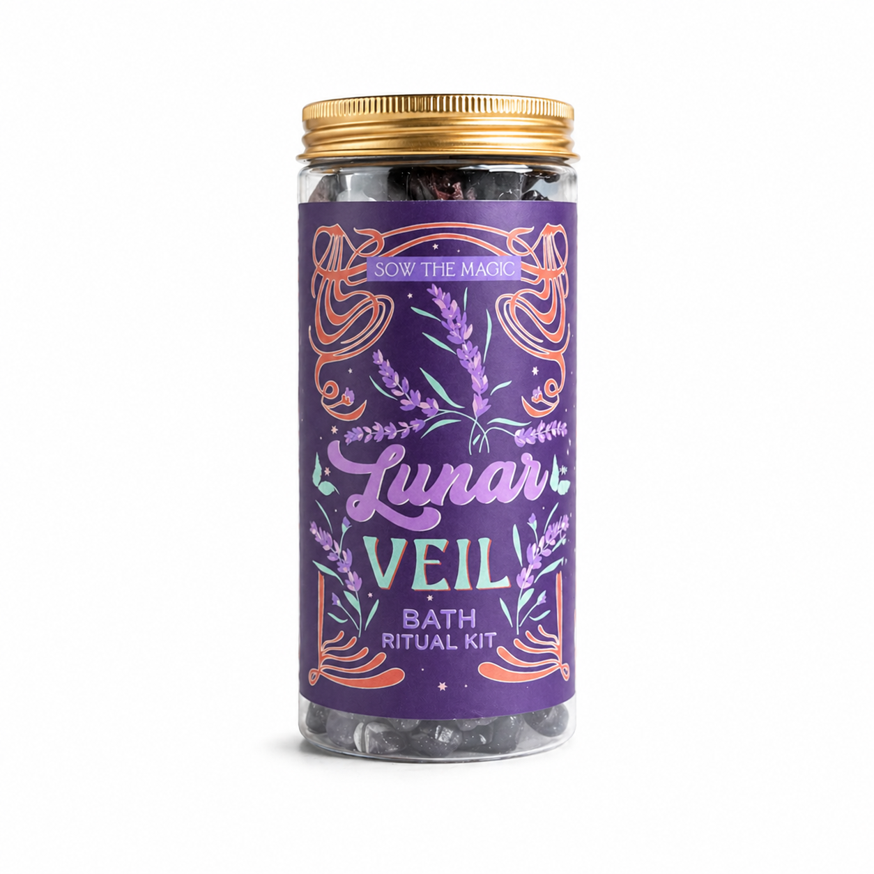 Lunar Veil bath ritual kit jar with purple botanical label on clean white background