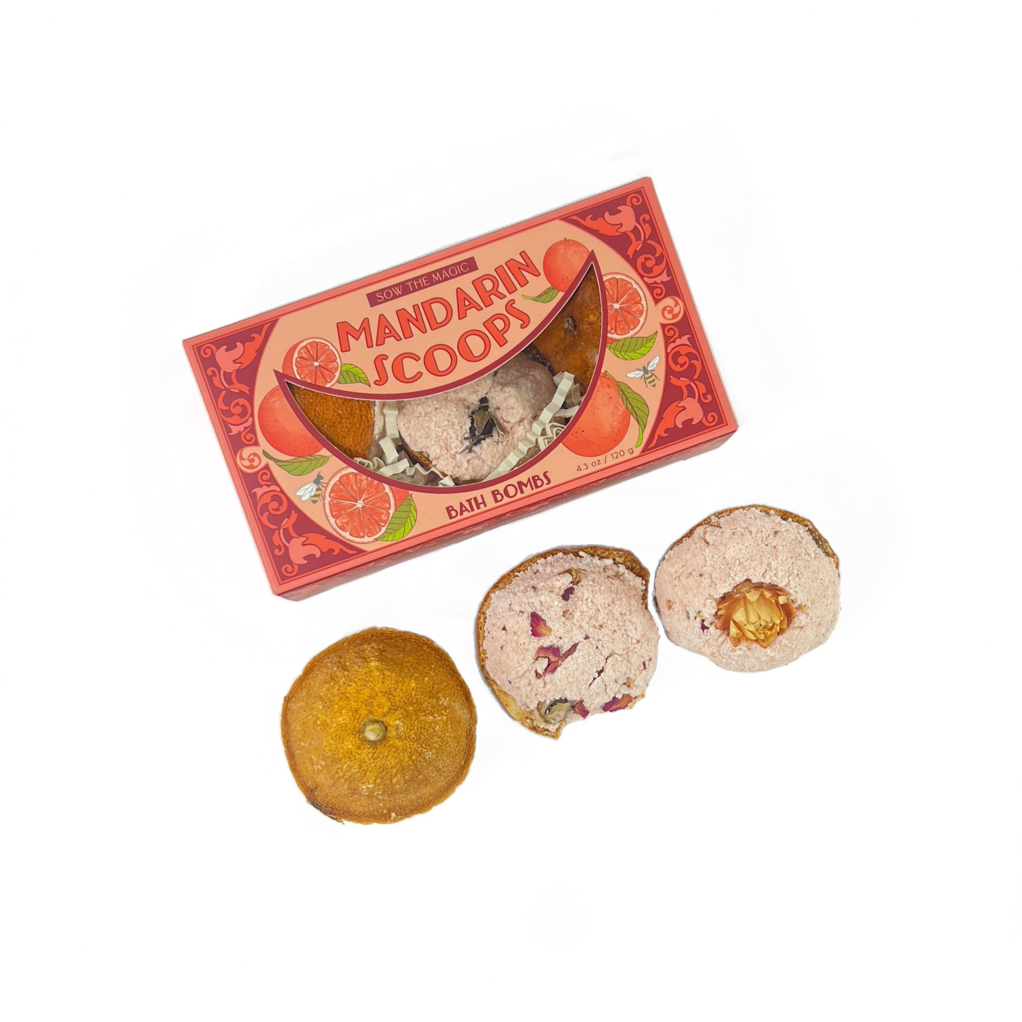 Mandarin Scoops Bath Bomb Gift Set flat lay with open box and natural dried fruit and flower details