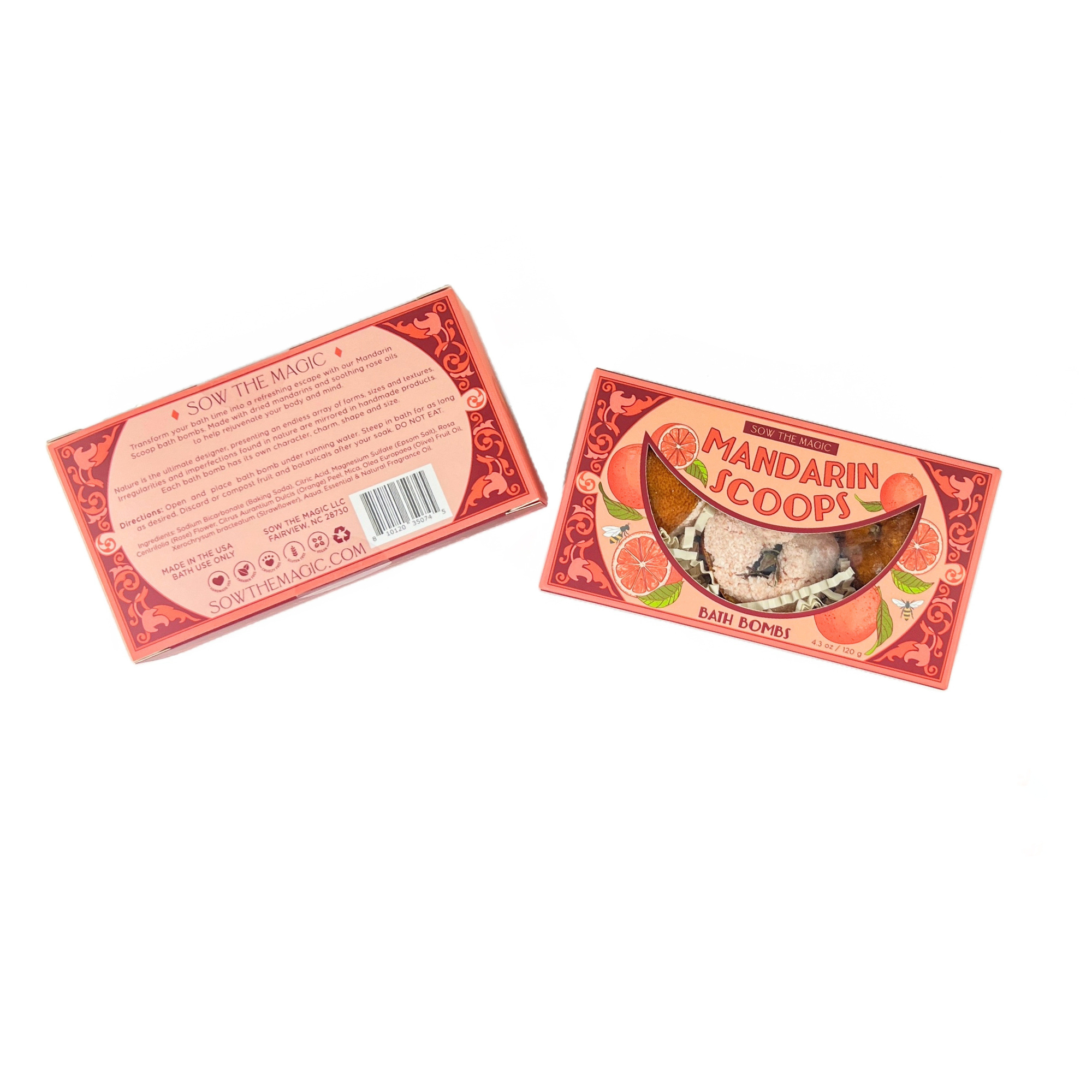 Front and back view of Mandarin Scoops Bath Bomb Gift Set showing vibrant orange packaging and product details