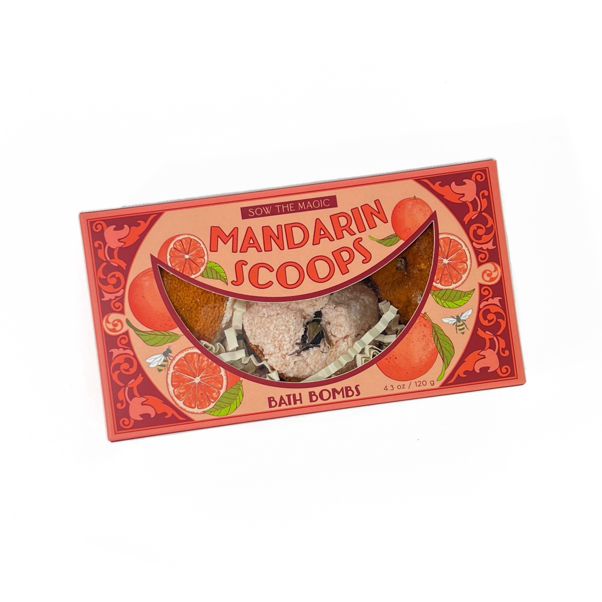 Mandarin Scoops Bath Bomb Gift Set packaging featuring dried mandarin slices and botanical bath bombs