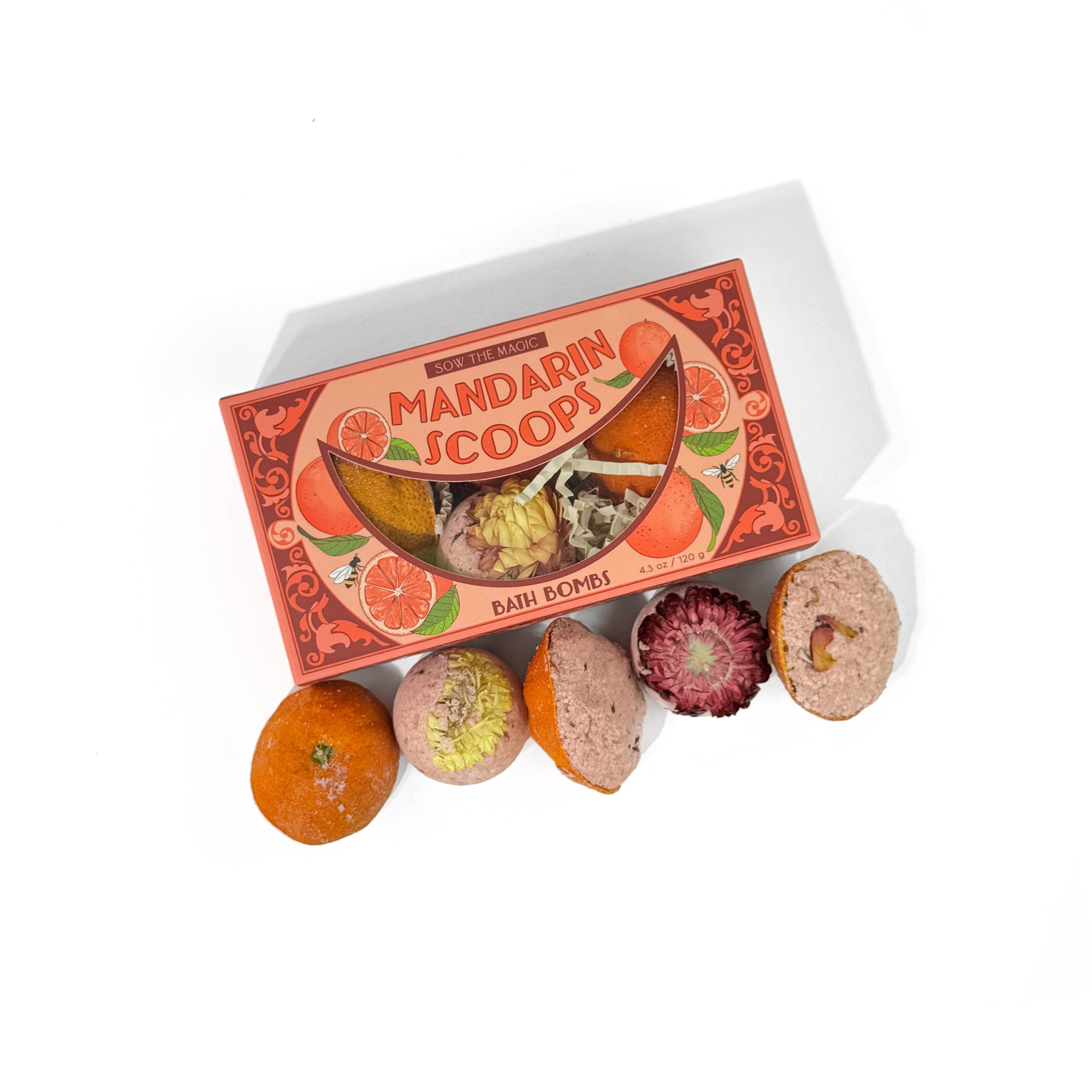 Mandarin Scoops Bath Bomb Gift Set packaging featuring dried mandarin slices and botanical bath bombs