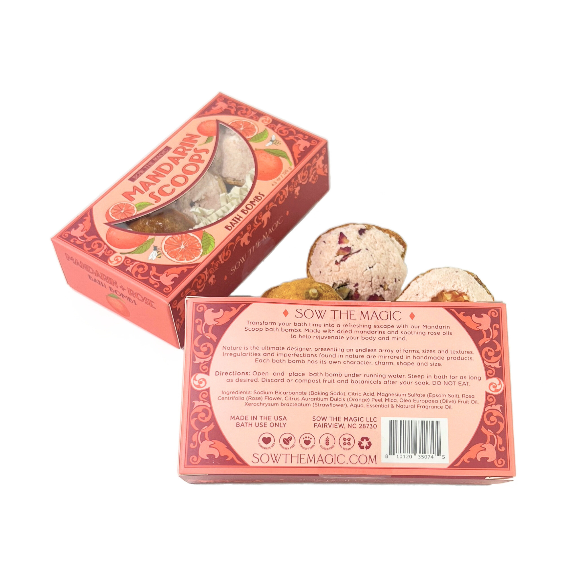 Mandarin Scoops Bath Bomb Gift Set open to reveal botanical bombs with dried mandarin and rose accents