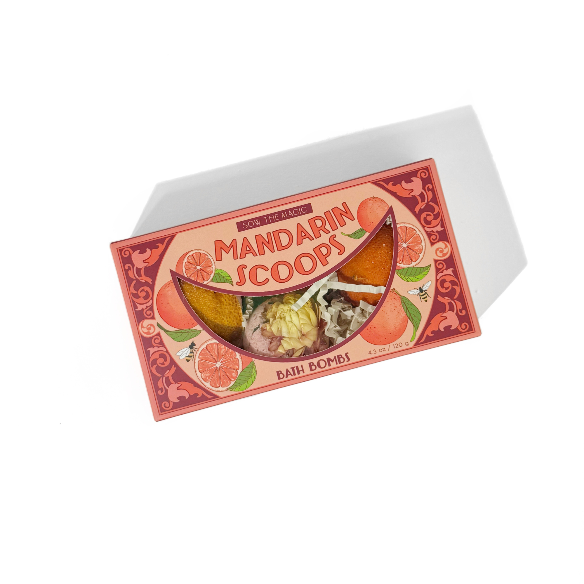 Mandarin Scoops Bath Bomb Gift Set with three handmade botanical bombs arranged beside the box