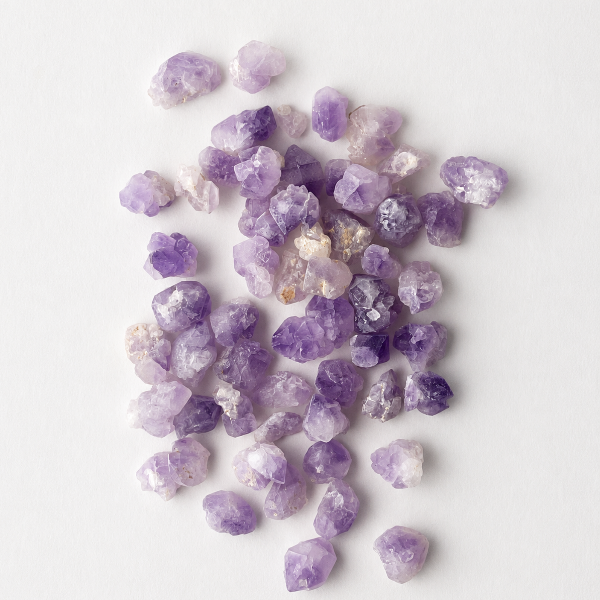 A 55 g set of approximately 21–23 mini raw amethyst crystal points arranged on a white background