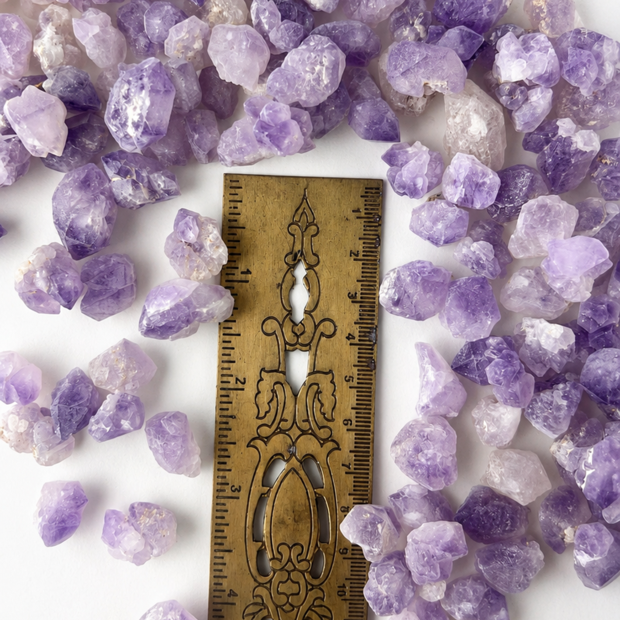 Mini raw amethyst points arranged around a tarot card for altars, readings and ritual displays