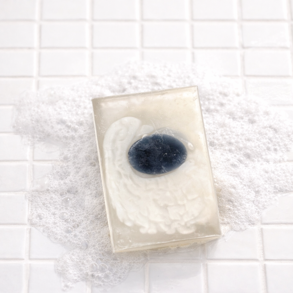Moon Light gemstone soap bar with embedded obsidian stone resting on white tile floor surrounded by soft soap suds