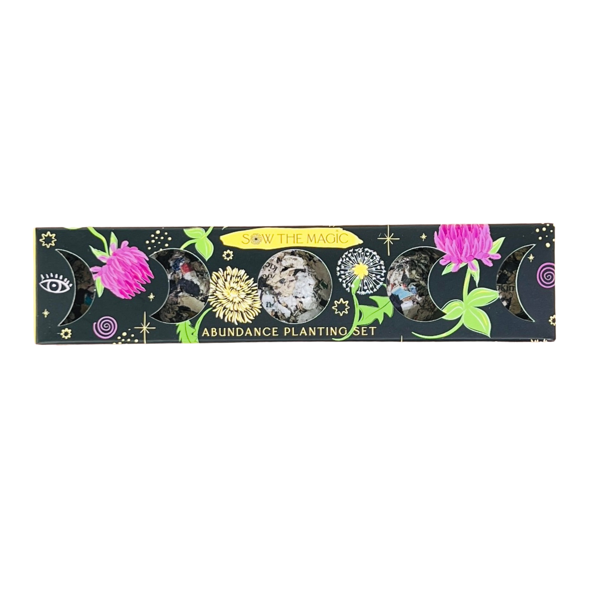 Moon Phase Abundance Seed Ball Planting Set with five handmade dandelion and red clover seed balls