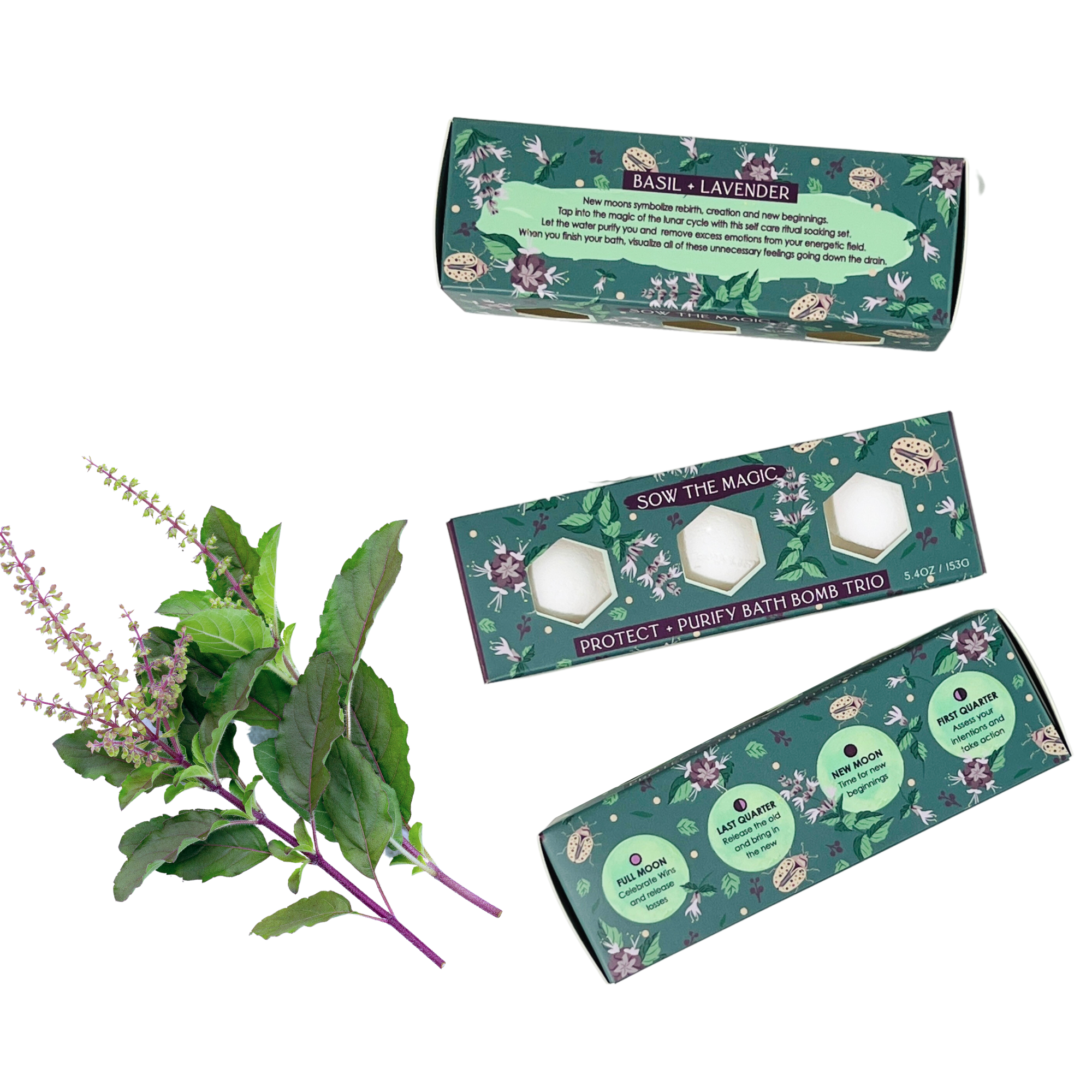Moon Phase Protect + Purify Bath Bomb Trio with basil and lavender packaging shown on white background