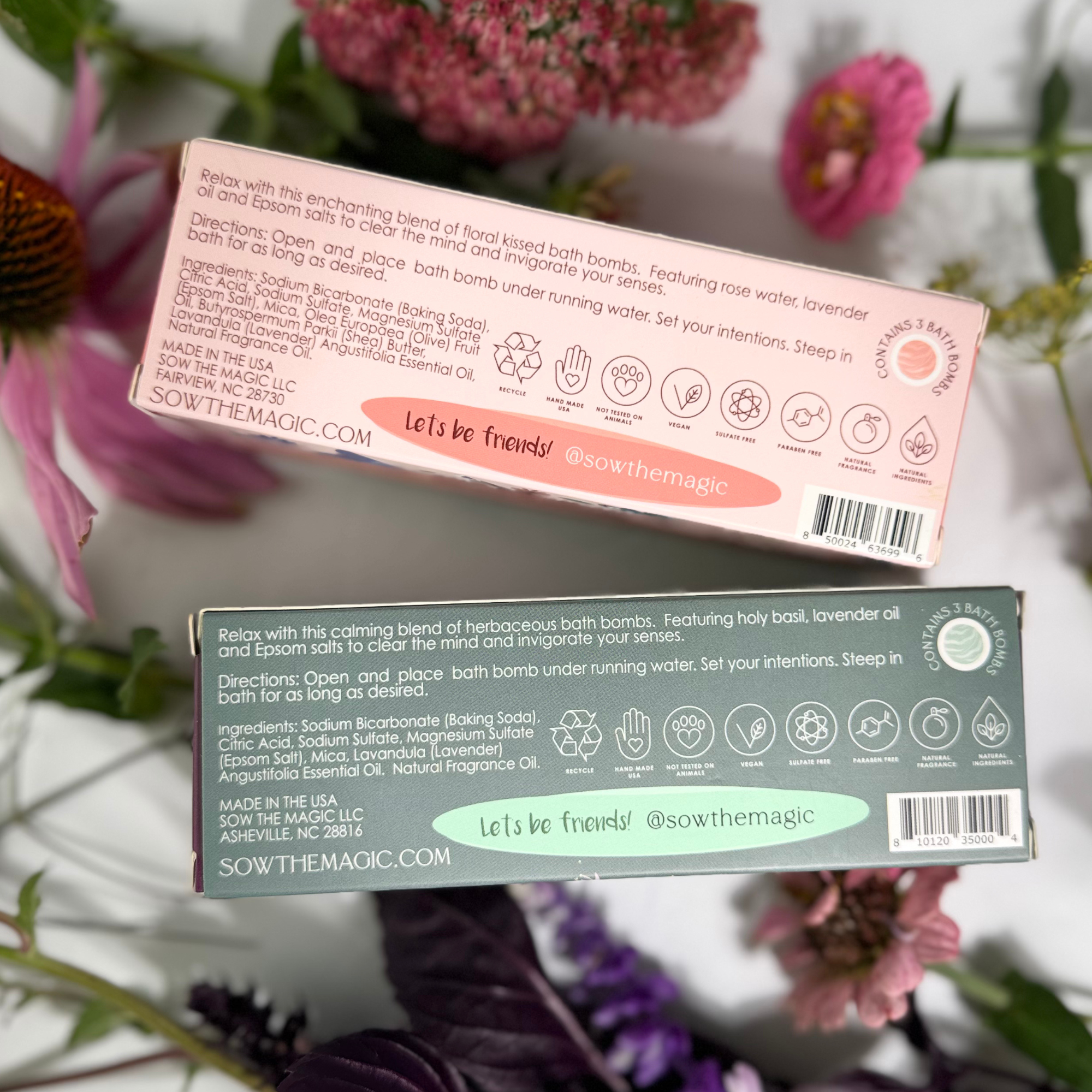 Back of Sow the Magic bath bomb boxes showing lavender holy basil ingredients and product details
