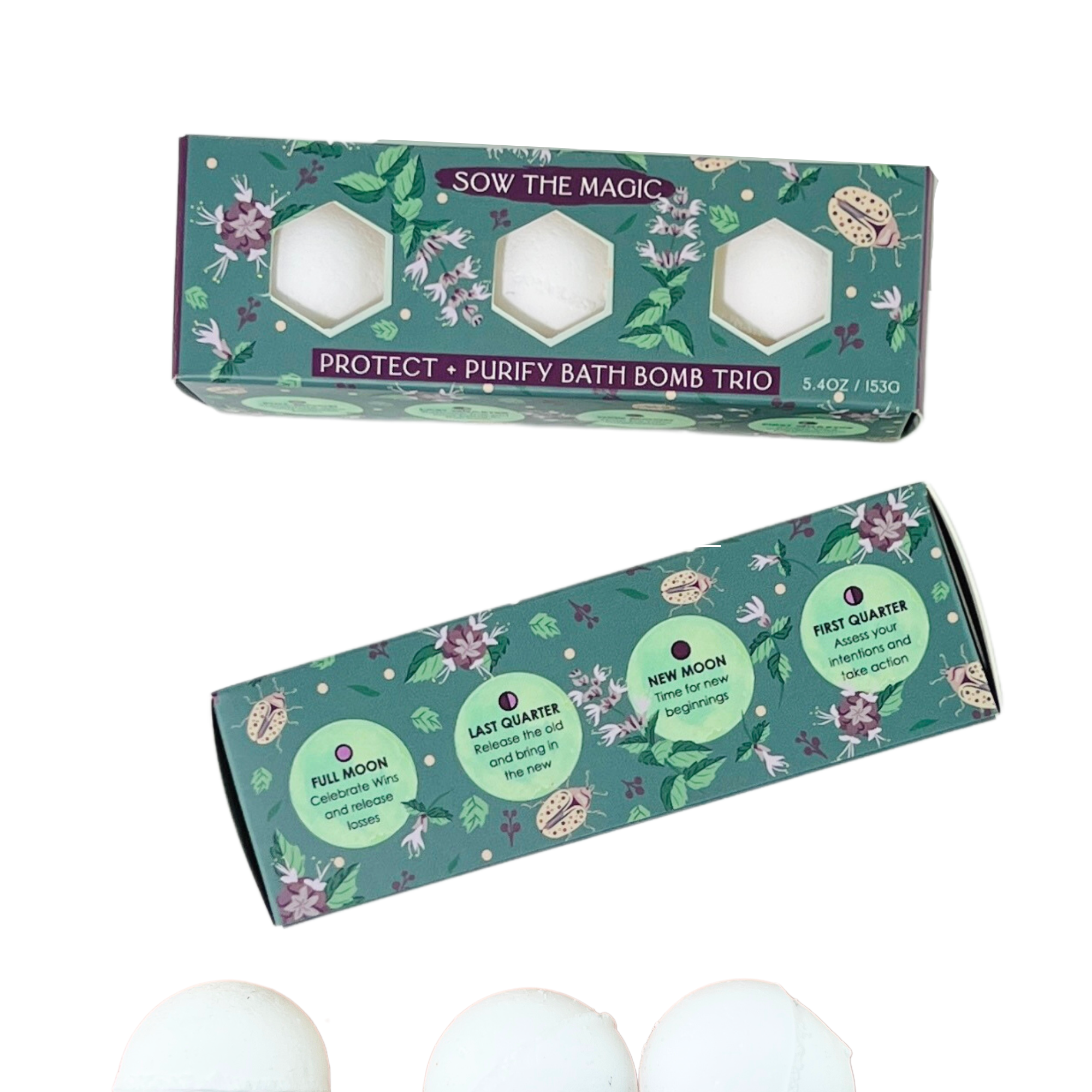 Protect + Purify Bath Bomb Trio by Sow the Magic with floral moon phase illustrations on green box